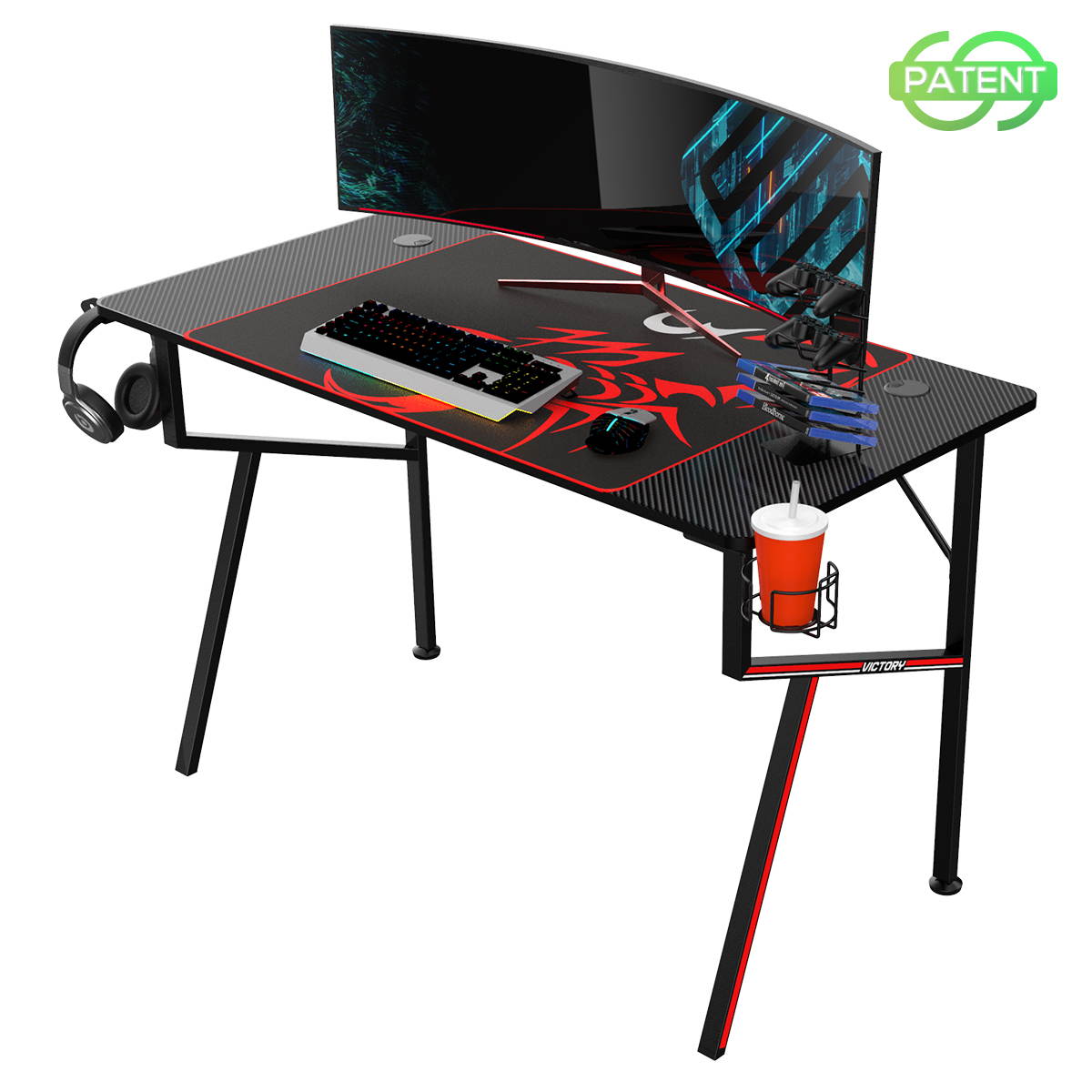 Eureka Gaming&reg; Captain K Series 47'' E-sport Desk, Home Office Gaming Computer Desk, K Shaped Gamer Workstation with Free Controller Stand, Cup Holder, Headphone Hook & Mousepad, Black