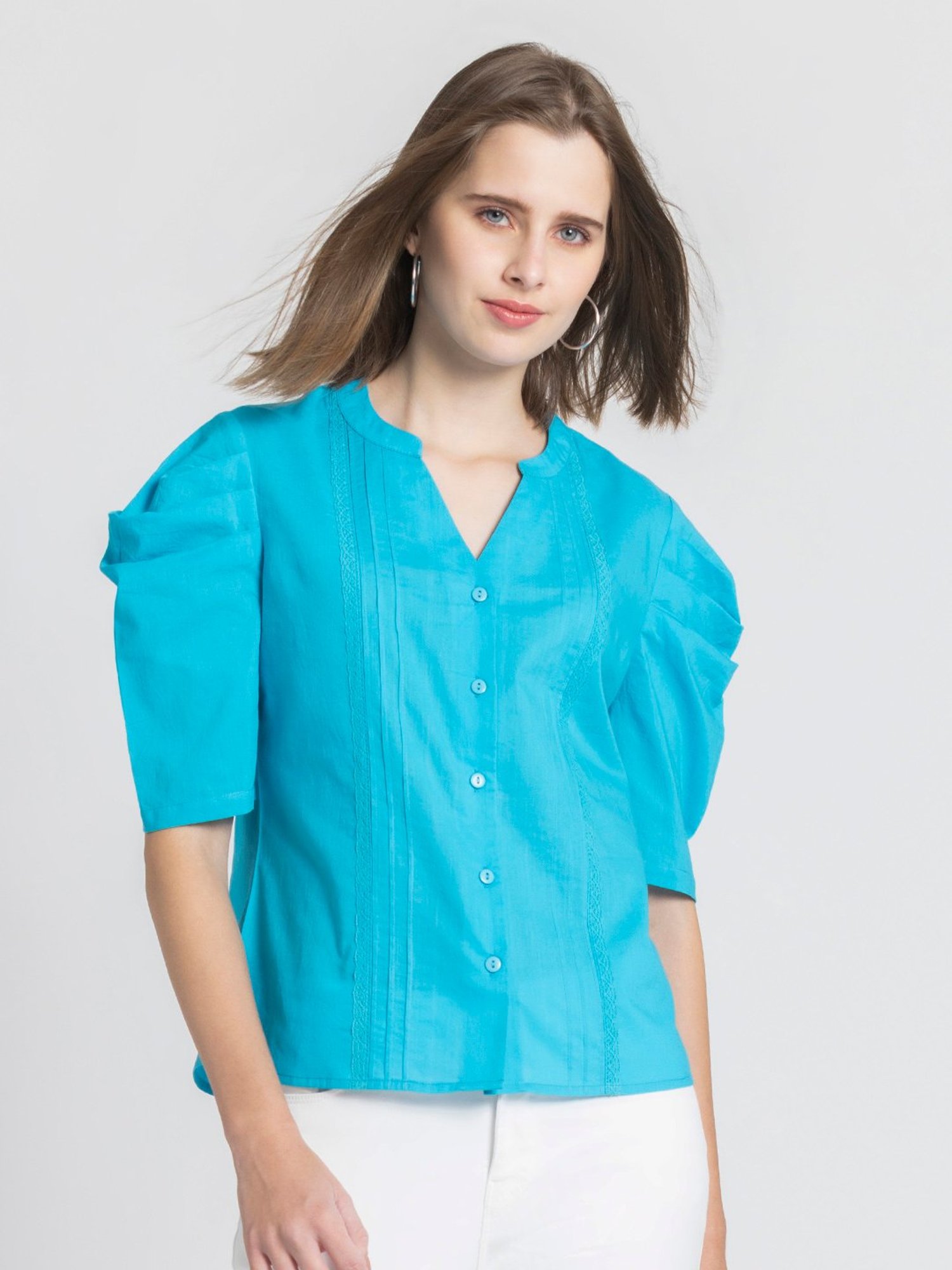 SHAYE Blue Cotton Regular Fit Top