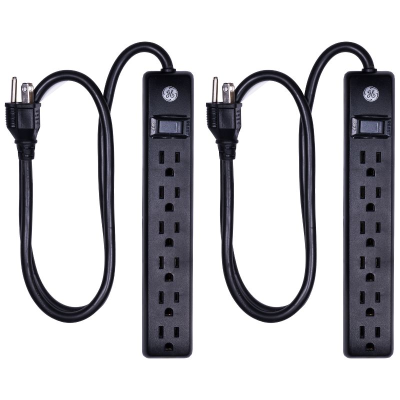 General Electric 2pk 3' Extension Cord With 6 Outlet Surge Protector Black