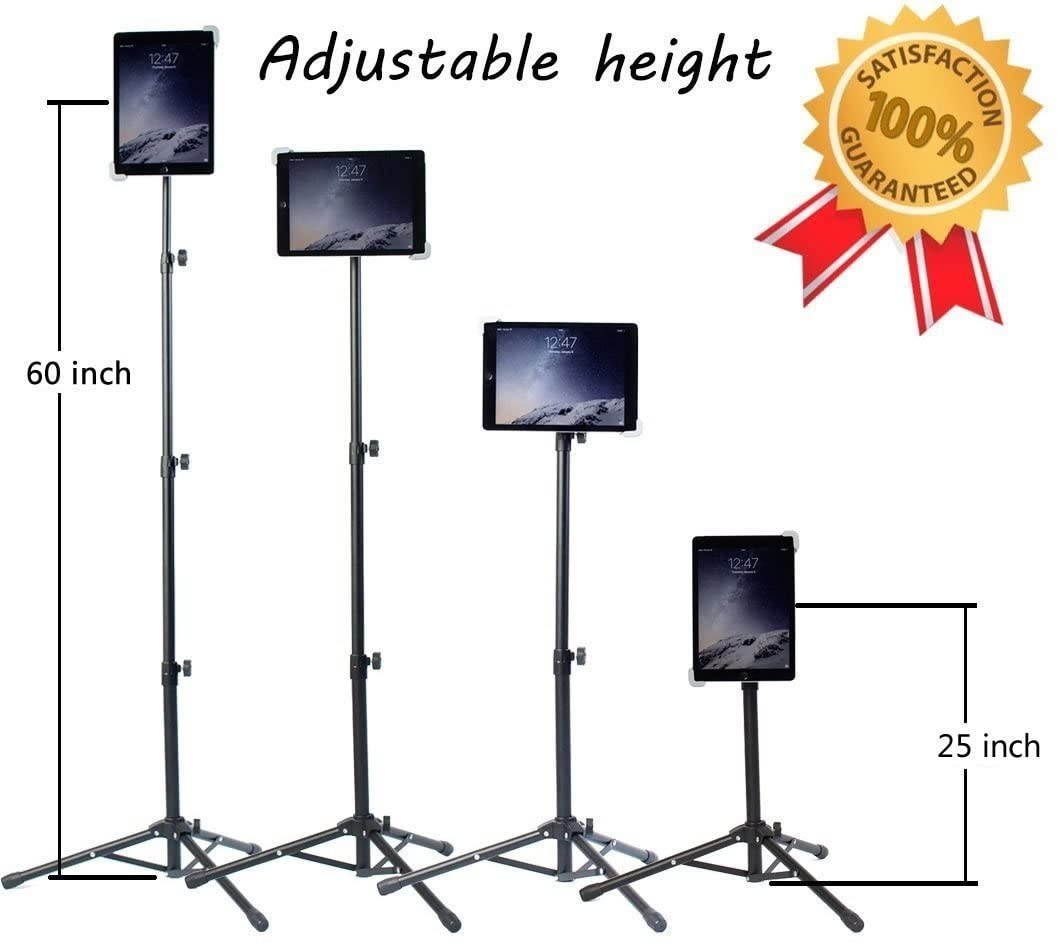 Raking Foldable Floor iPad Tablet Tripod Stand Height Adjustable 25 to 60 Inch Tablet Tripod Mount for iPad Pro 12.9", iPad Air 10.5" and More 10" to 14" Tablets