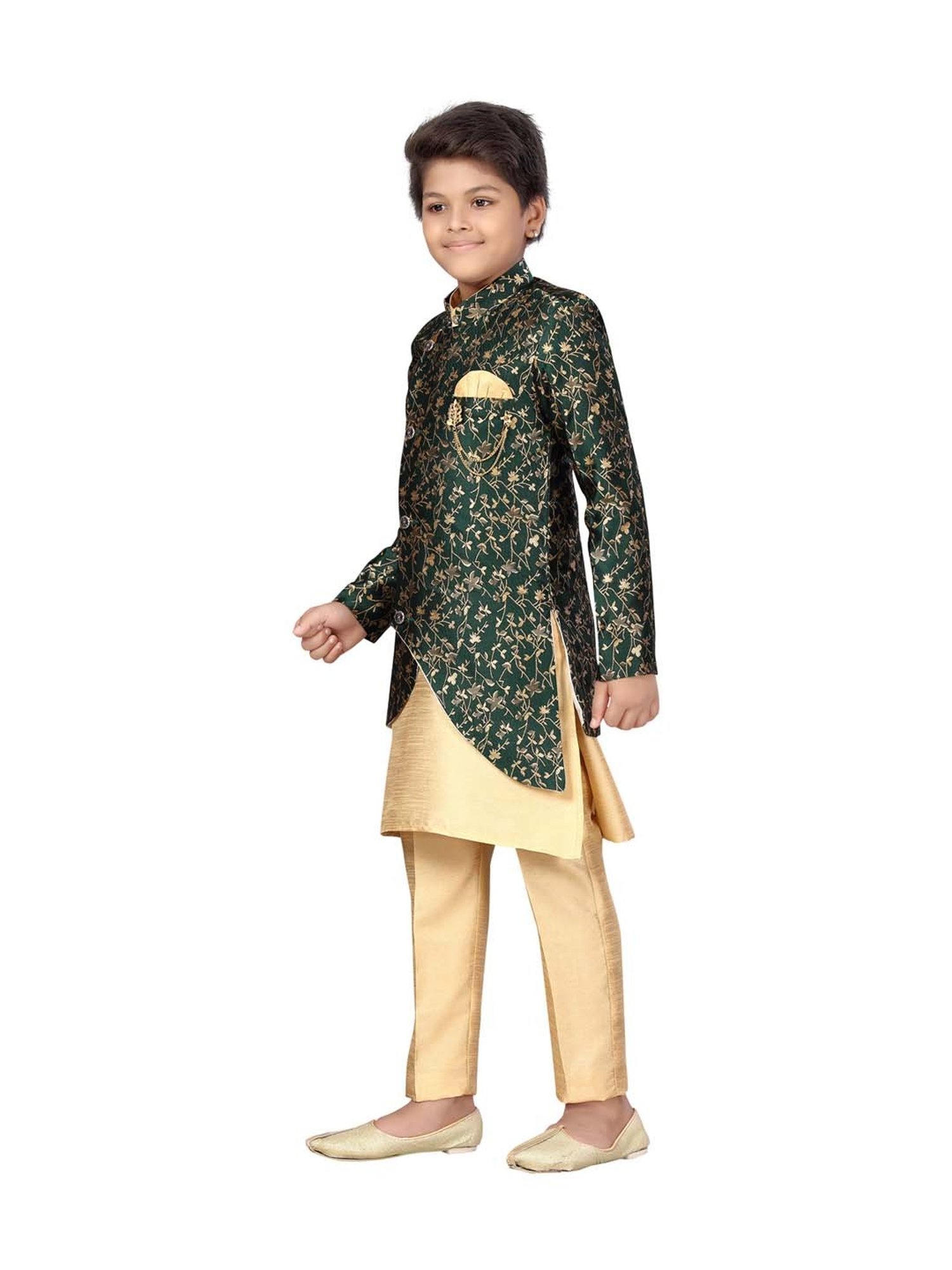 Ahhaaaa Kids Green & Beige Cotton Floral Print Full Sleeves Kurta Set