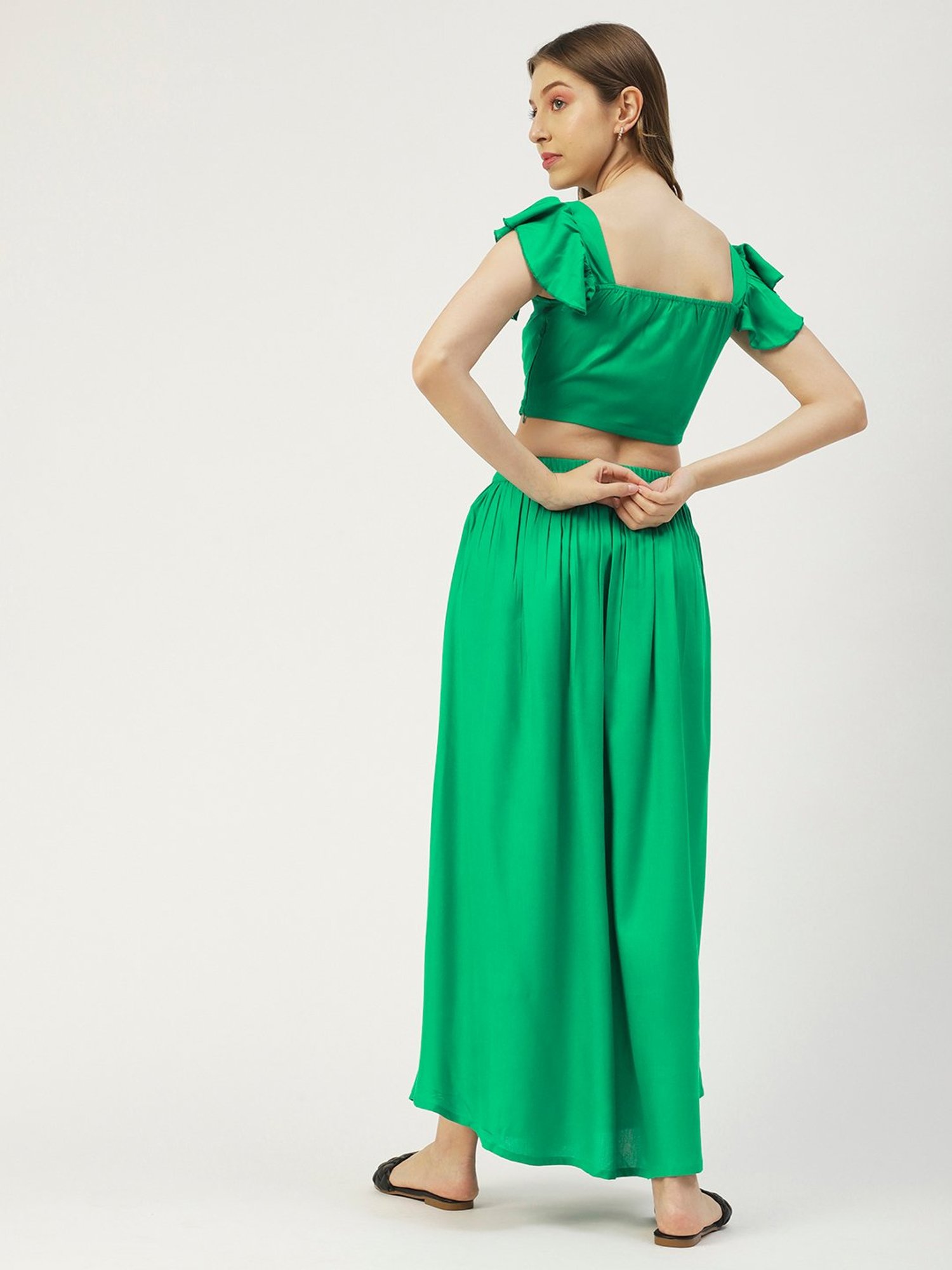 Moomaya Green Regular Fit Crop Top With Skirt