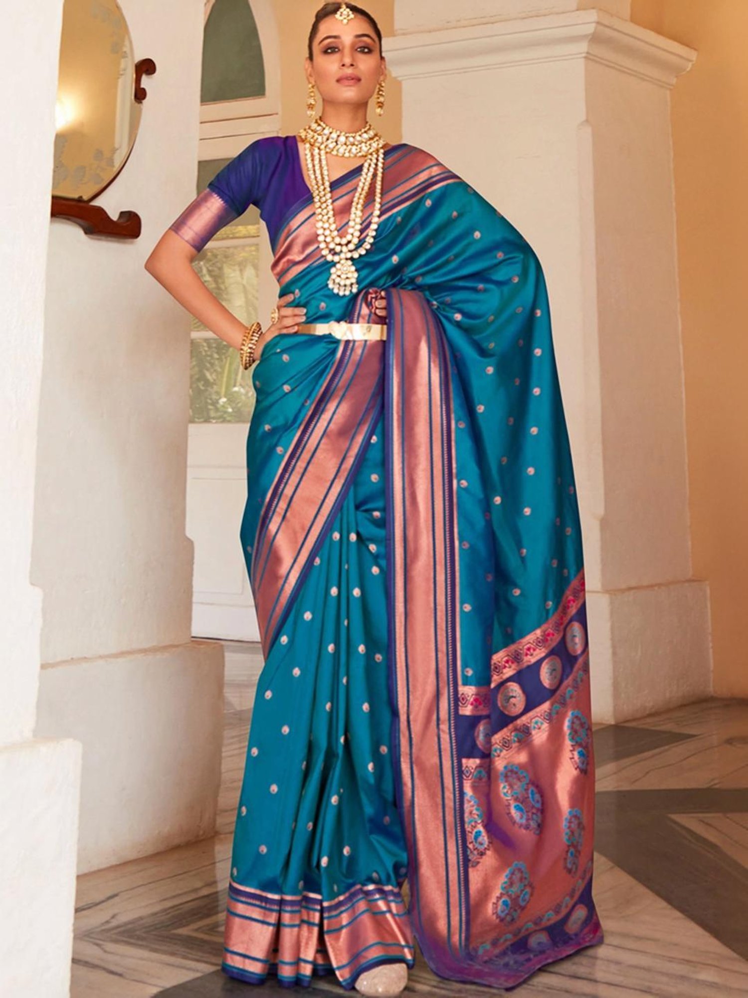 Satrani Blue Silk Woven Saree With Unstitched Blouse