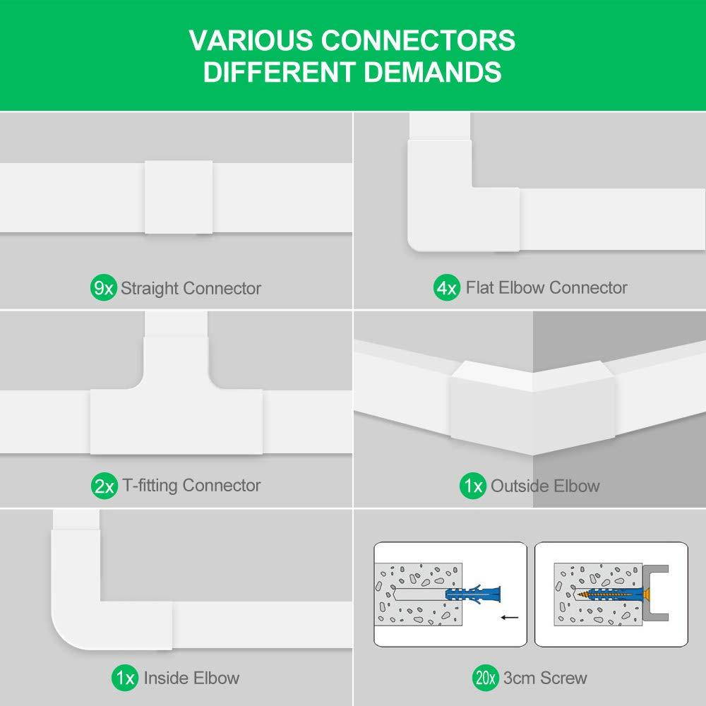 [2019 Upgraded] Cable Concealer Cord Cover - 10 White Cable Management Channels - On Wall Wire Hider to Organize Cables for Wall Mount TV, Computers, Home - 10 X L15in, W0.98in, H0.59in