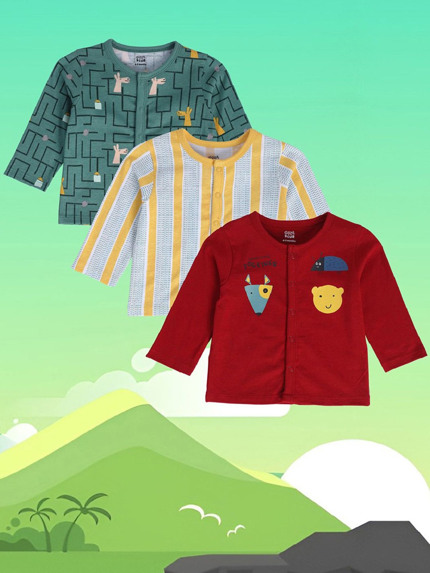 MINIKLUB Kids Multicolor Printed Full Sleeves Jhablas (Pack Of 3)