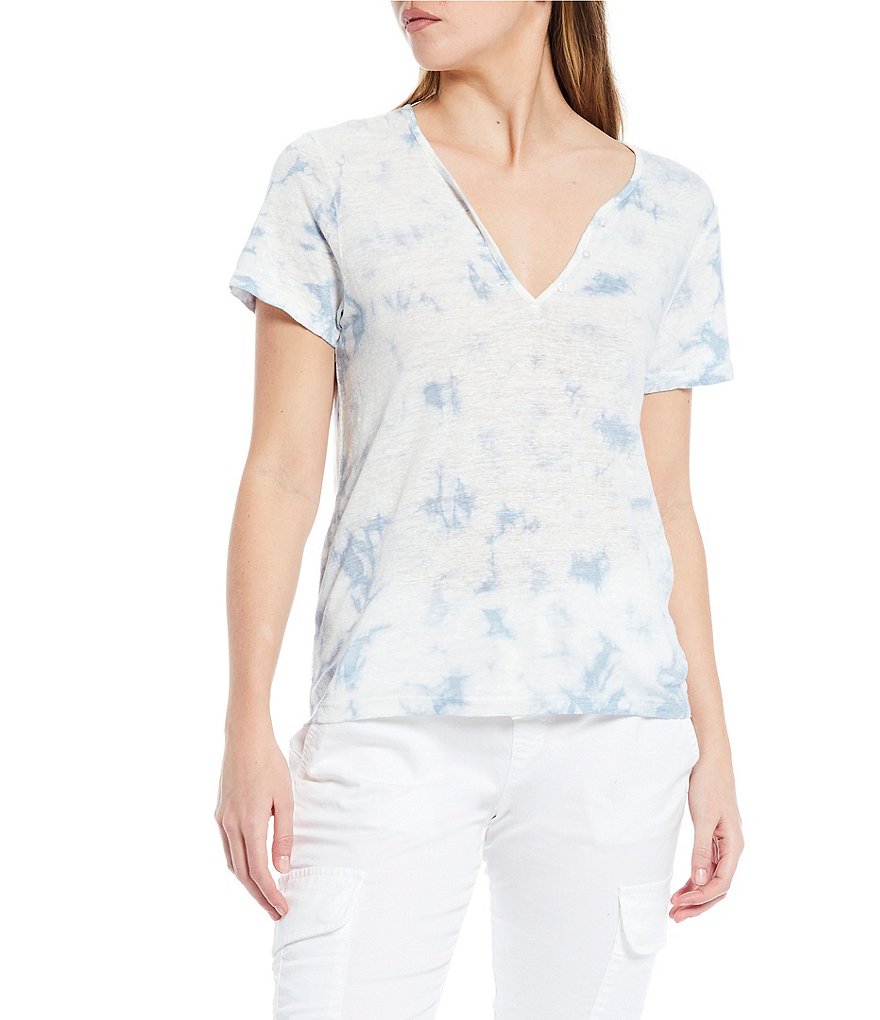 Sanctuary Good Vibes Tie Dye Print Linen Henley Tee
