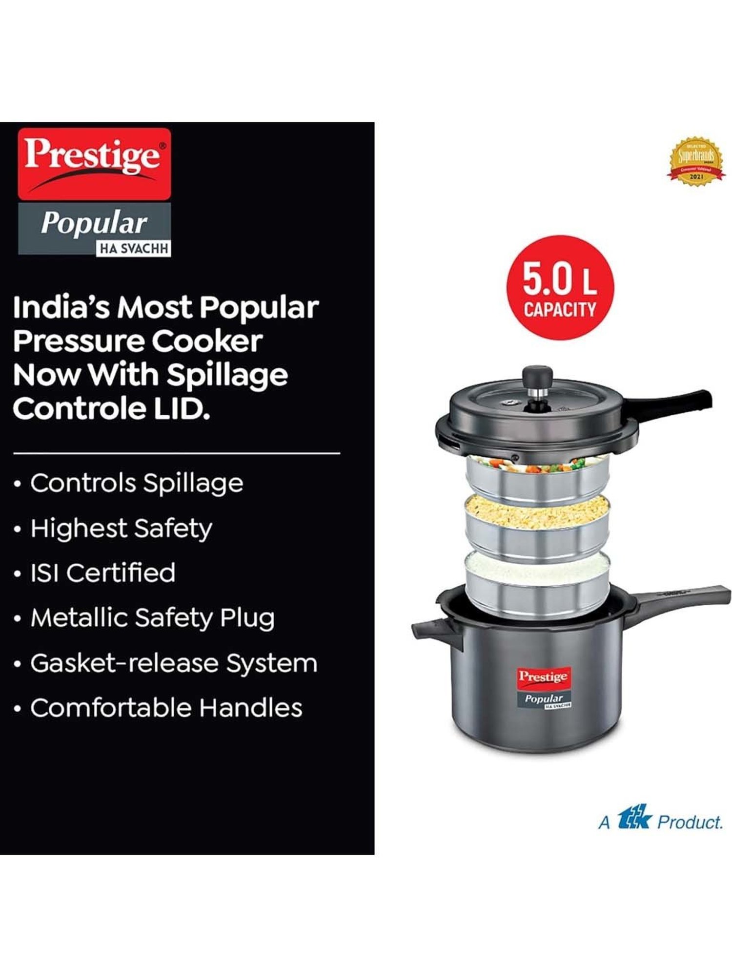 Prestige Black Hard Anodised Popular Svachh Pressure Cooker (5 L)