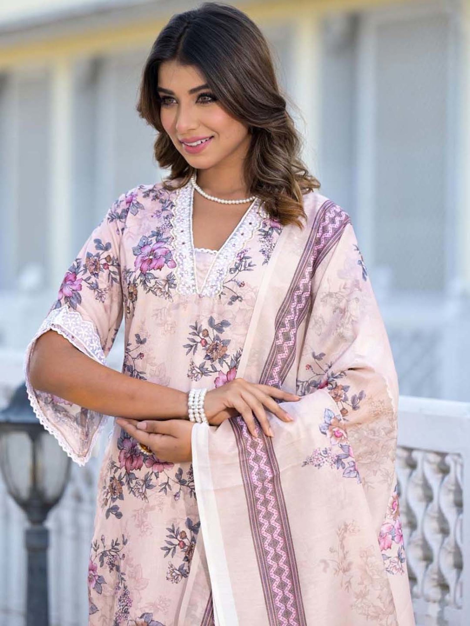 Varanga Beige Cotton Printed Kurta Palazzo Set With Dupatta