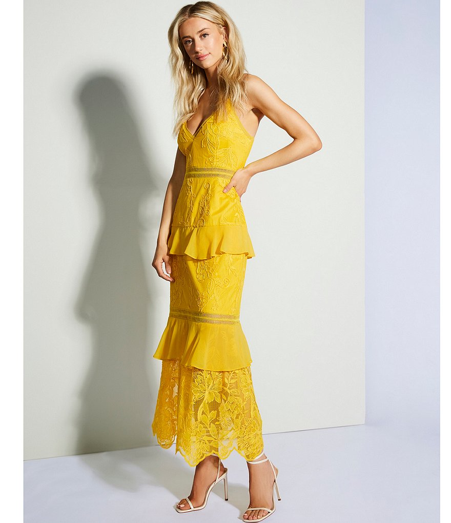 Aidan Aidan Mattox V-Neck Spaghetti Strap Ruffle Hem Maxi Dress