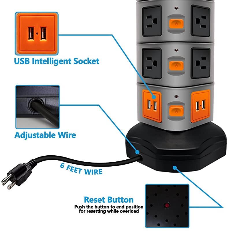 Power Strip Tower  Surge Protector Electric Charging Station 14 Outlet Plugs with 4 USB Slot 6 feet Cord Wire Extension Universal Charging Station 1PACK