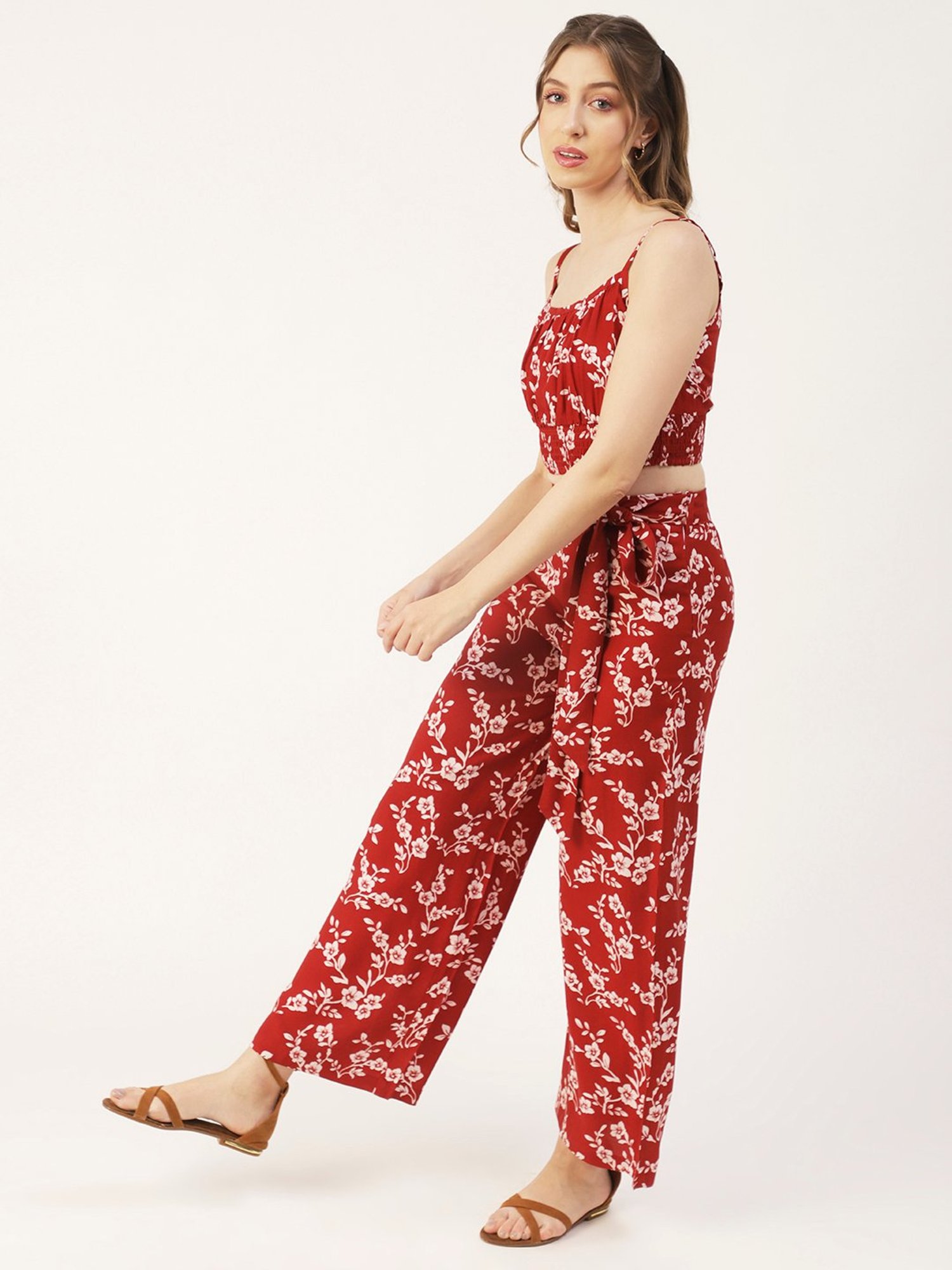 Moomaya Red Floral Print Crop Top With Palazzos