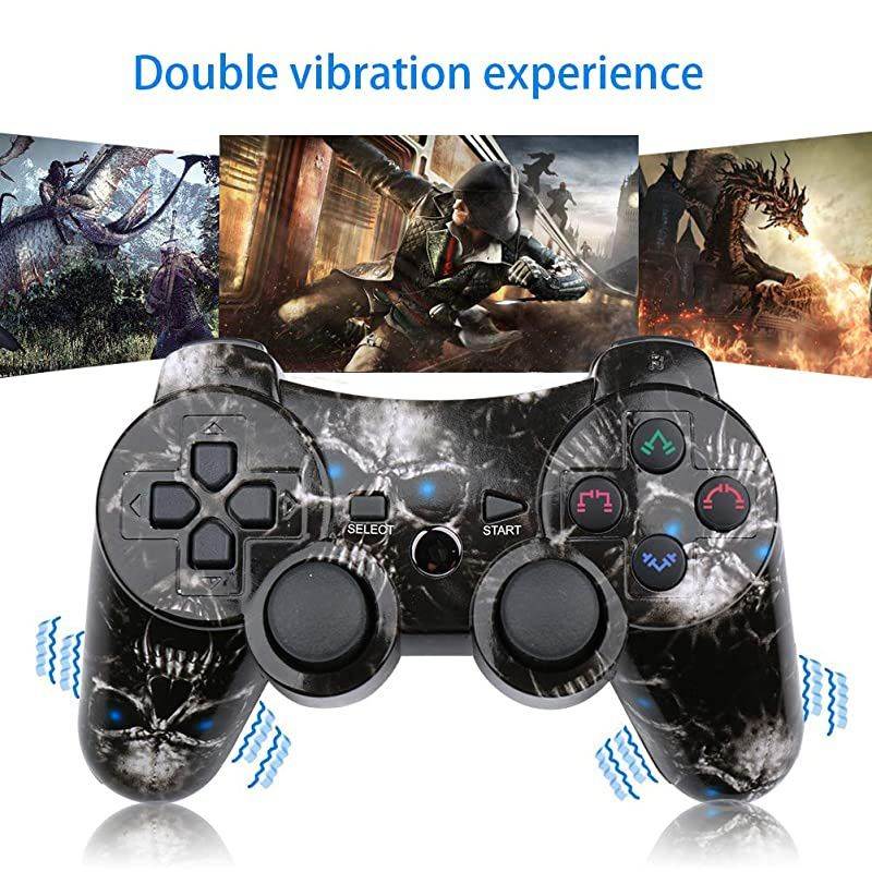 PS3 Controller 2 Pack Wireless Dual Shock Gamepad for Sony Playstation 3 with Charging Cord Skull + Galaxy