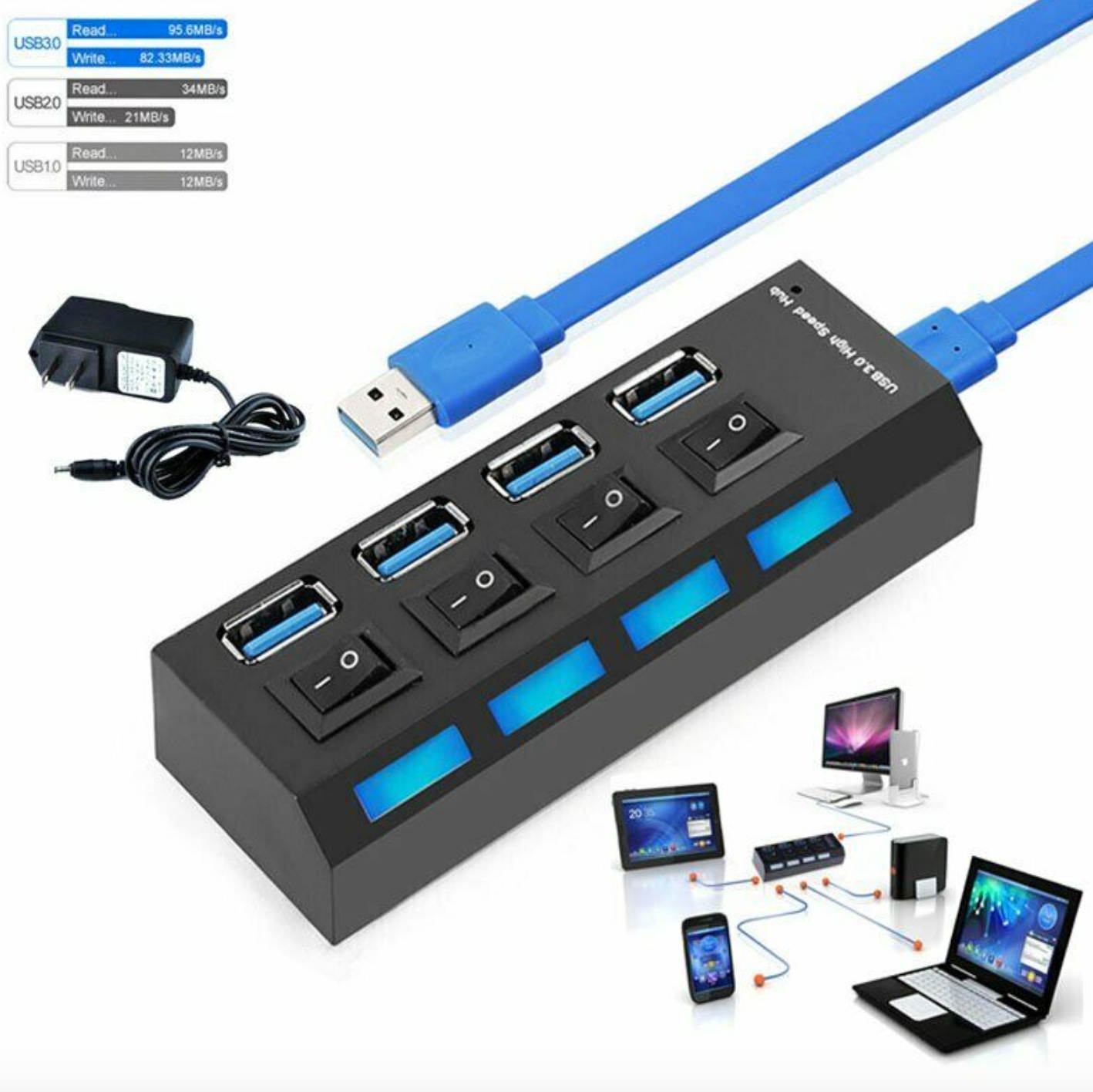 4 Ports Powered USB 3.0 Multi HUB Splitter Box External AC Adapter PC Laptop