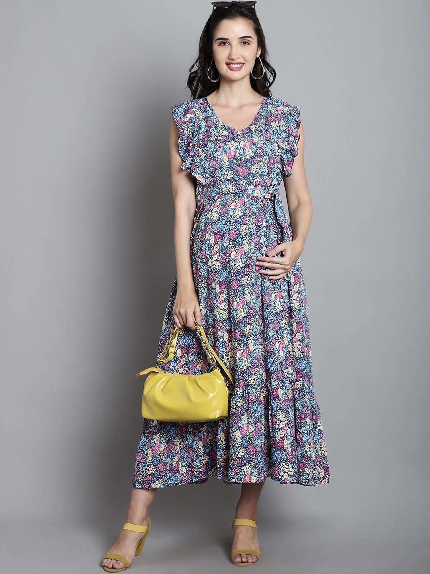 Moms Maternity Blue Floral Print Maternity Dress