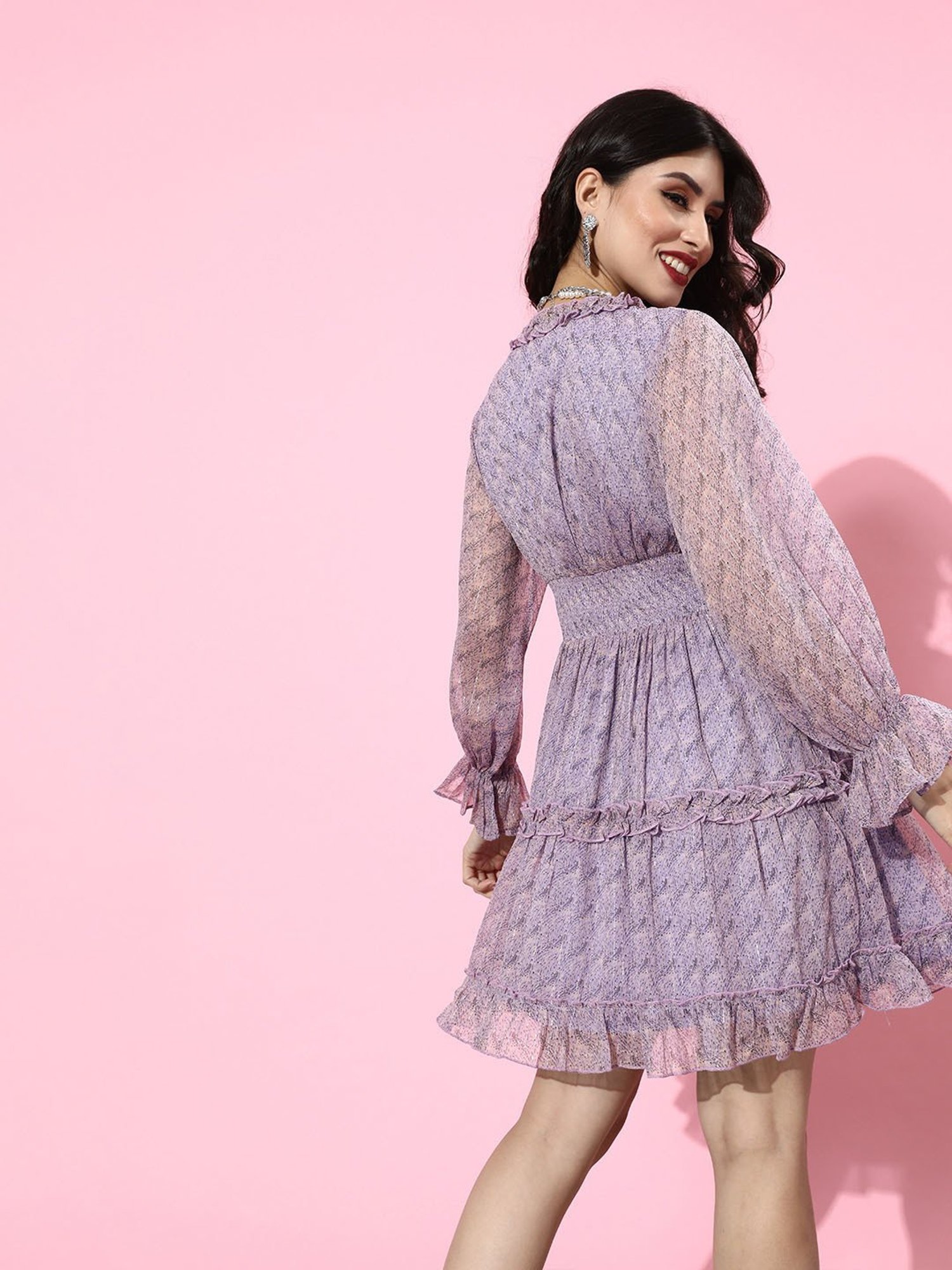 QUIERO Lavender Printed Fit & Flare Dress