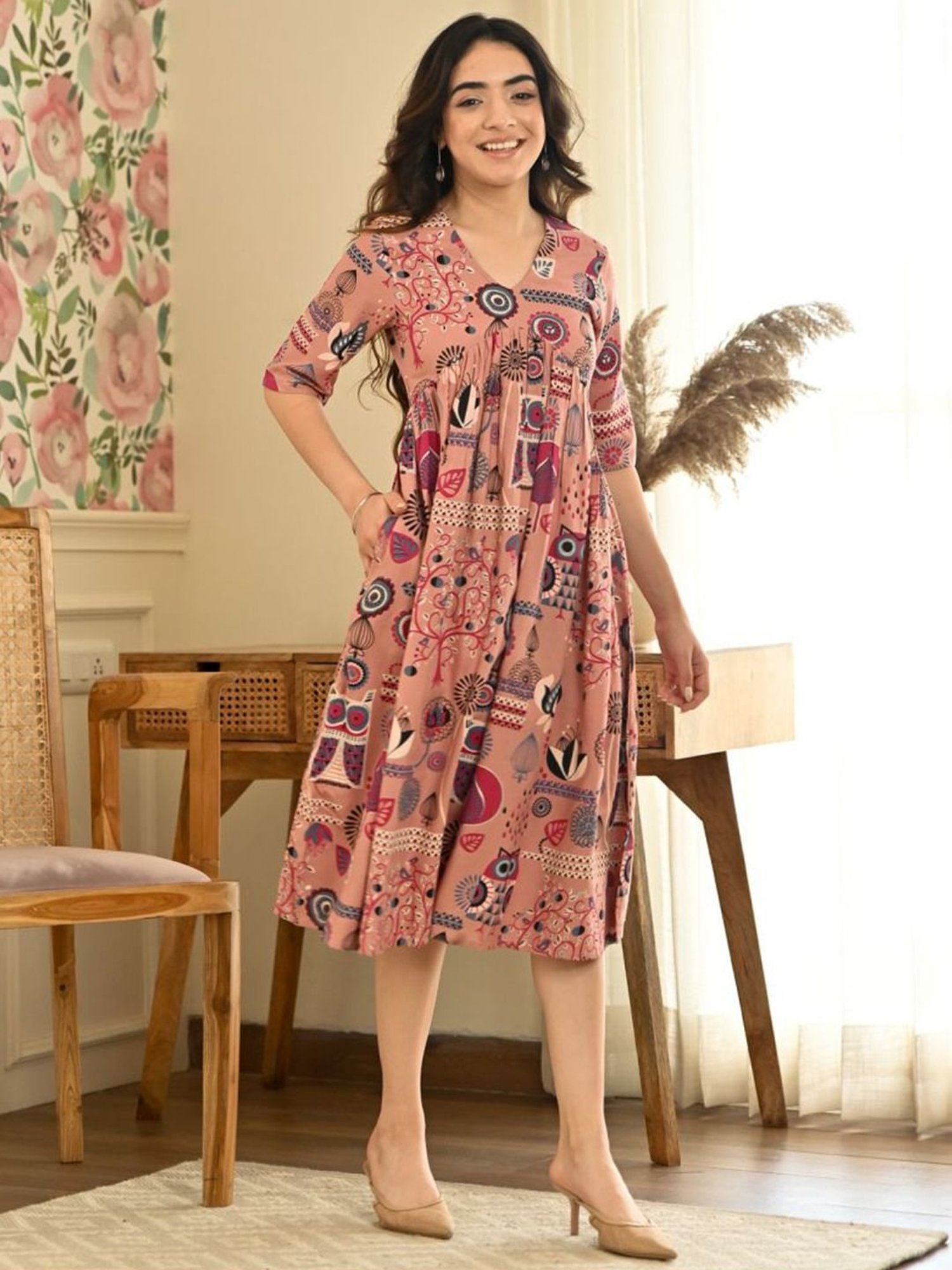 Rustorange Pink Printed A-Line Dress