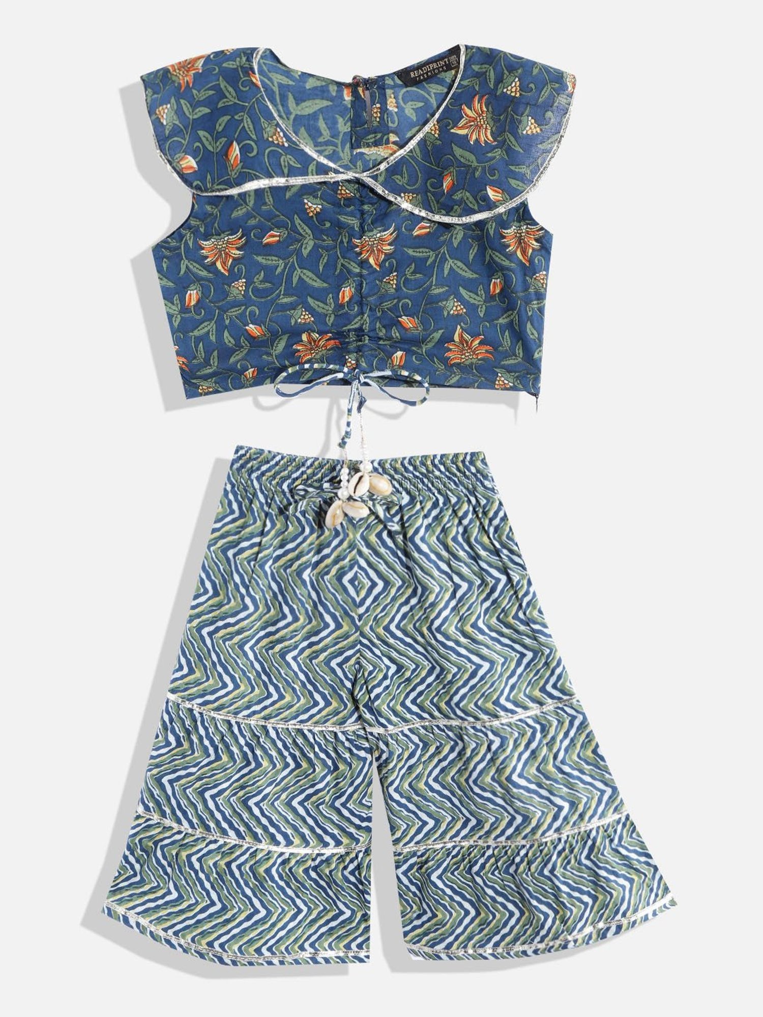 READIPRINT FASHIONS Kids Blue & White Floral Print Top with Sharara