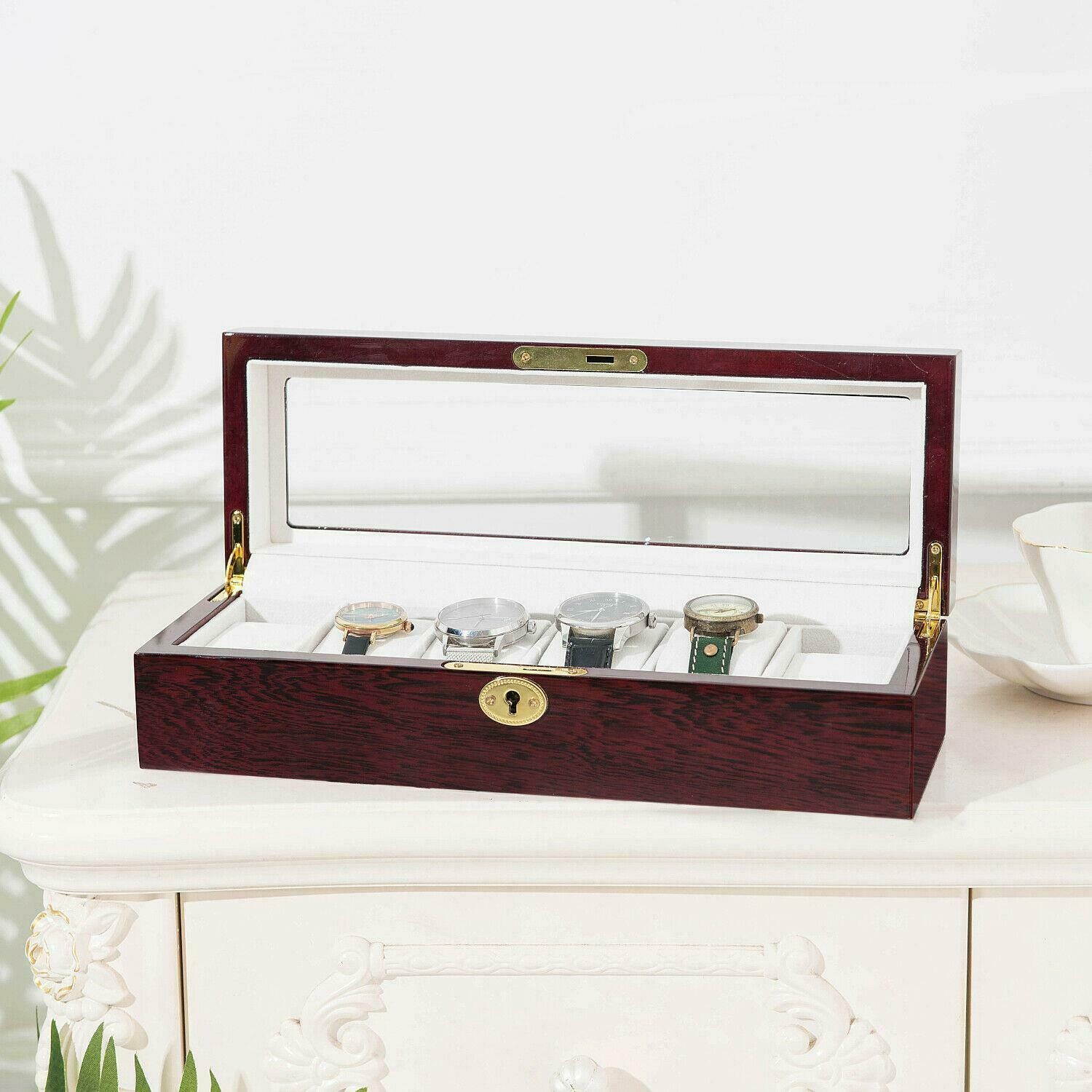 6 Slot Wooden Wrist Watch Display Box Storage Holder Organizer Case w/Key