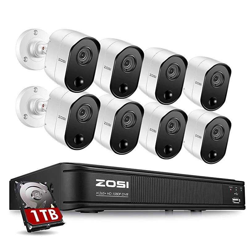 H.265+ Full 1080p Home Security Camera System, 5MP-Lite 8 Channel CCTV DVR with Hard Drive 1TB and 8 x 1080p Weatherproof Surveillance Camera Outdoor Indoor with 80ft Night Vision, Motion Alerts