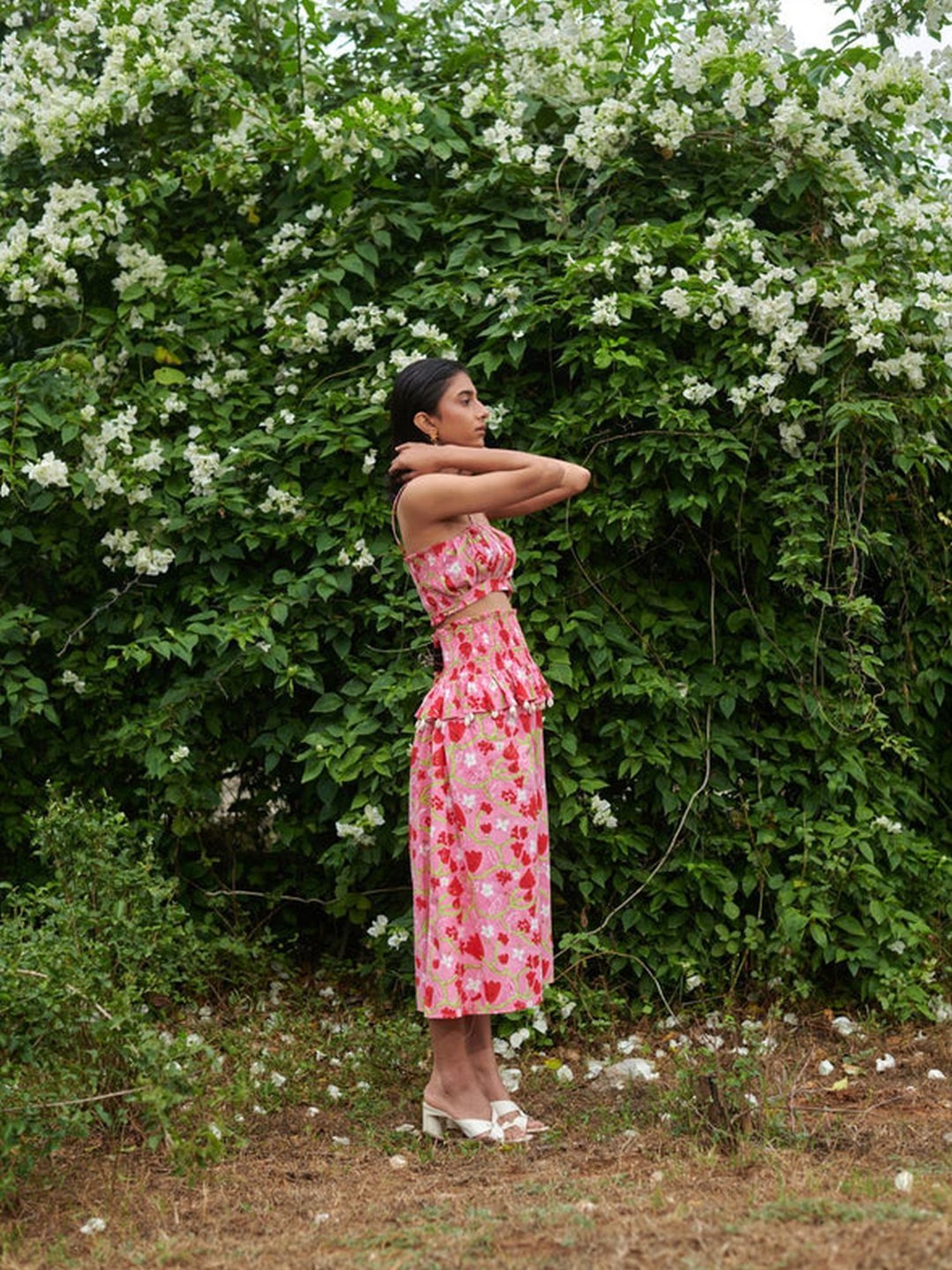 Khajoor Studio Pink Sundaze Le Blush Fleur Sundowner Crop Top & Skirt Co-ord Set