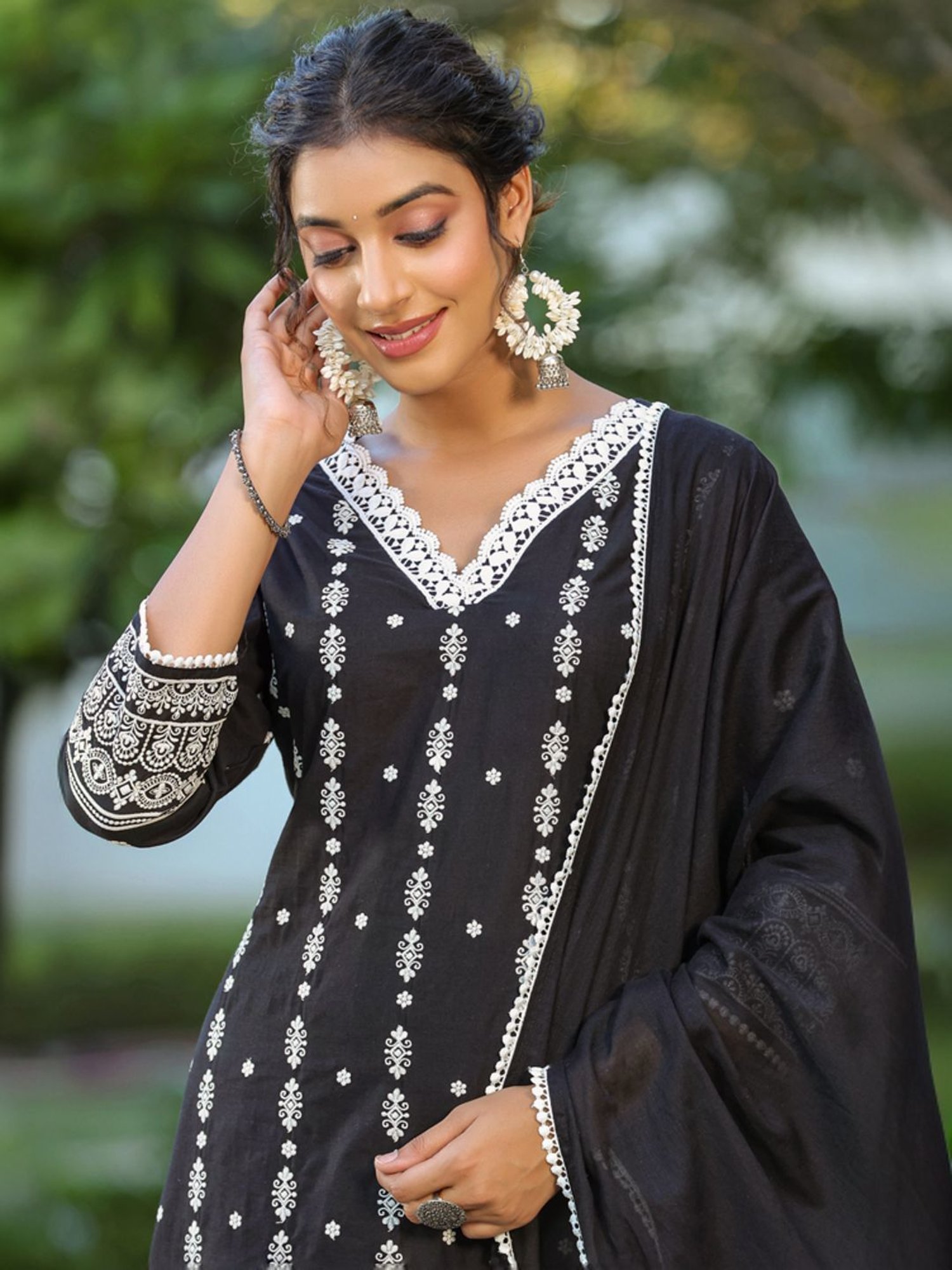 Ishin Black Embroidered Kurta & Pants Set with Dupatta