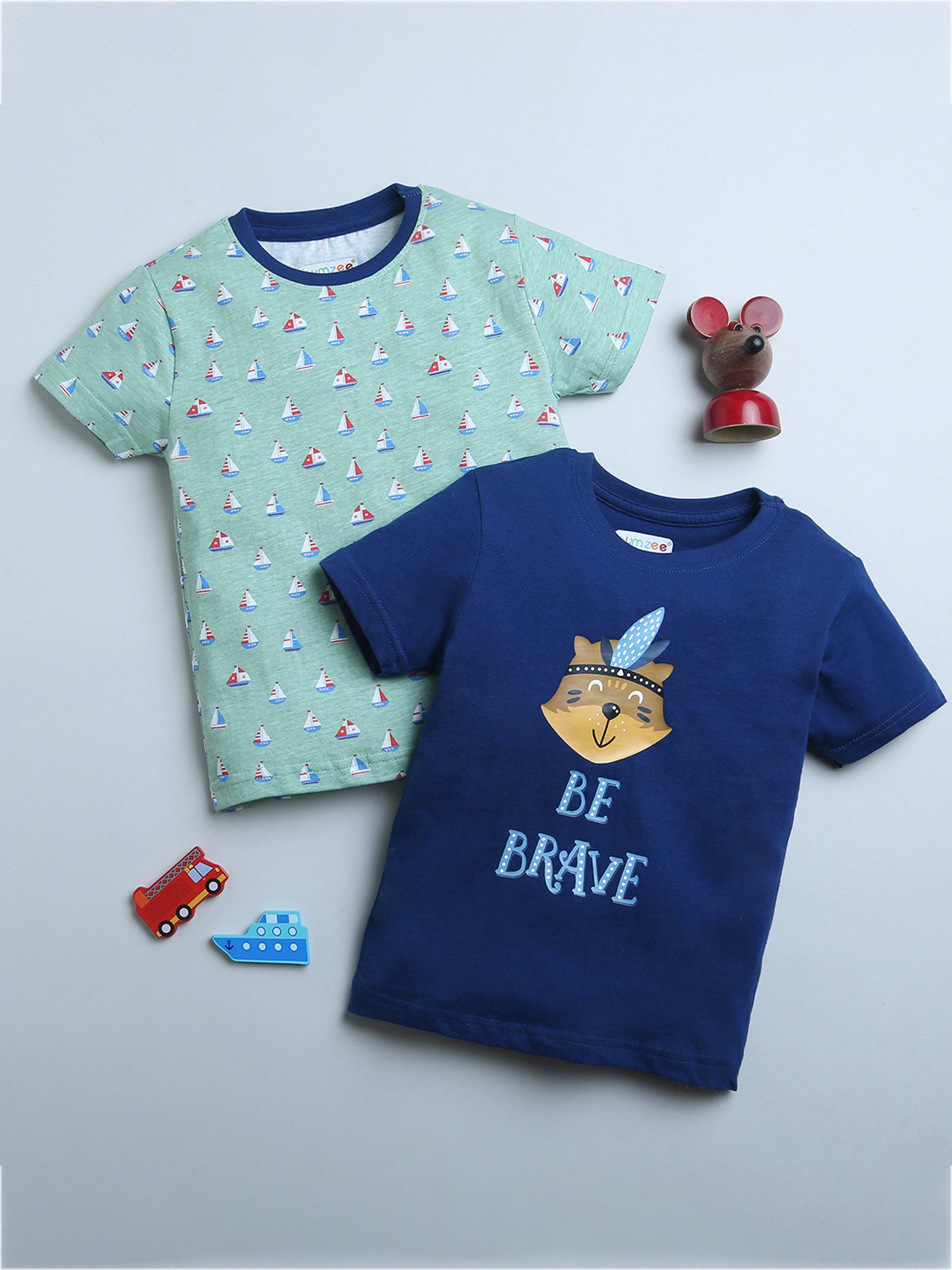 Bumzee Kids Green & Navy Printed T-Shirt (Pack Of 2)
