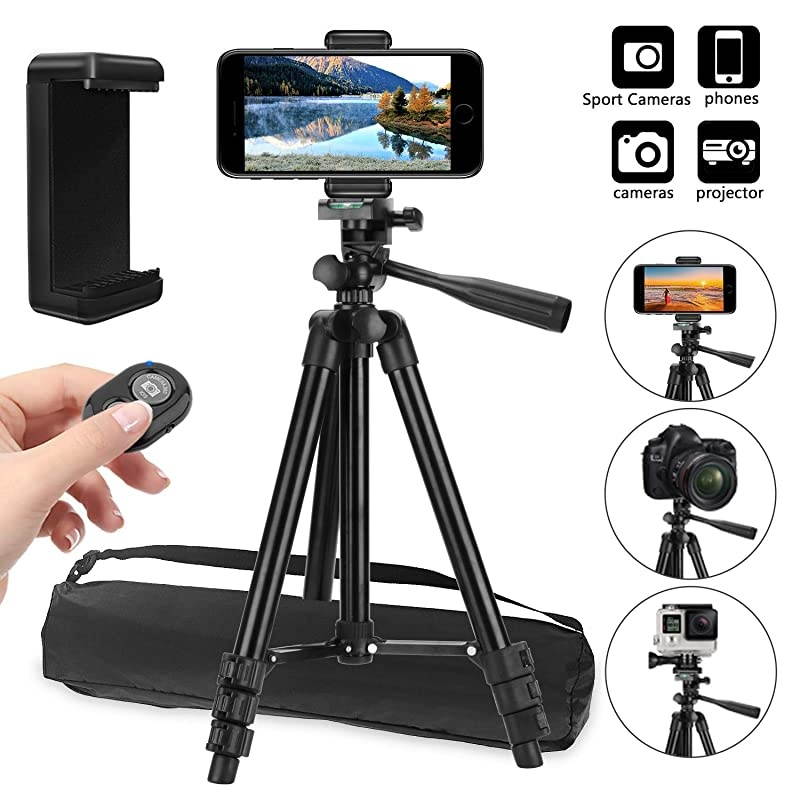 Compatible for Tripod for iPhone X 42quot Lightweight Aluminum Camera Tripod Stand with Center Column + Wireless Remote + Universal Smartphone Holder Compatible for iPhone 11 Pro Max amp More