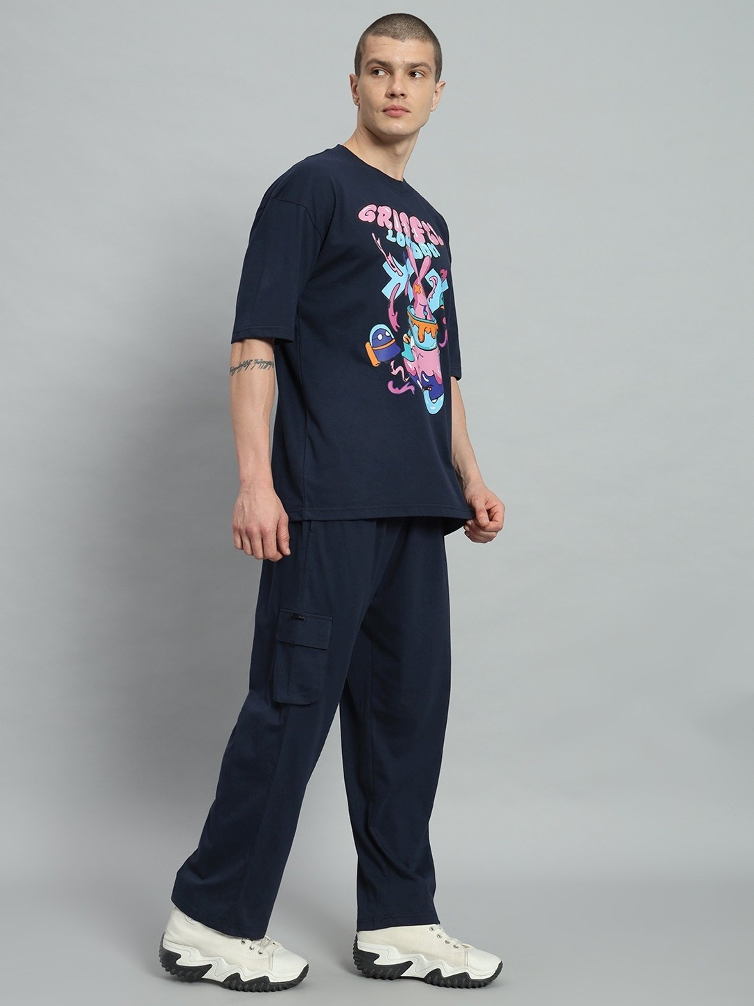 Griffel Navy Blue Cotton Loose Fit Printed Co-Ord Set