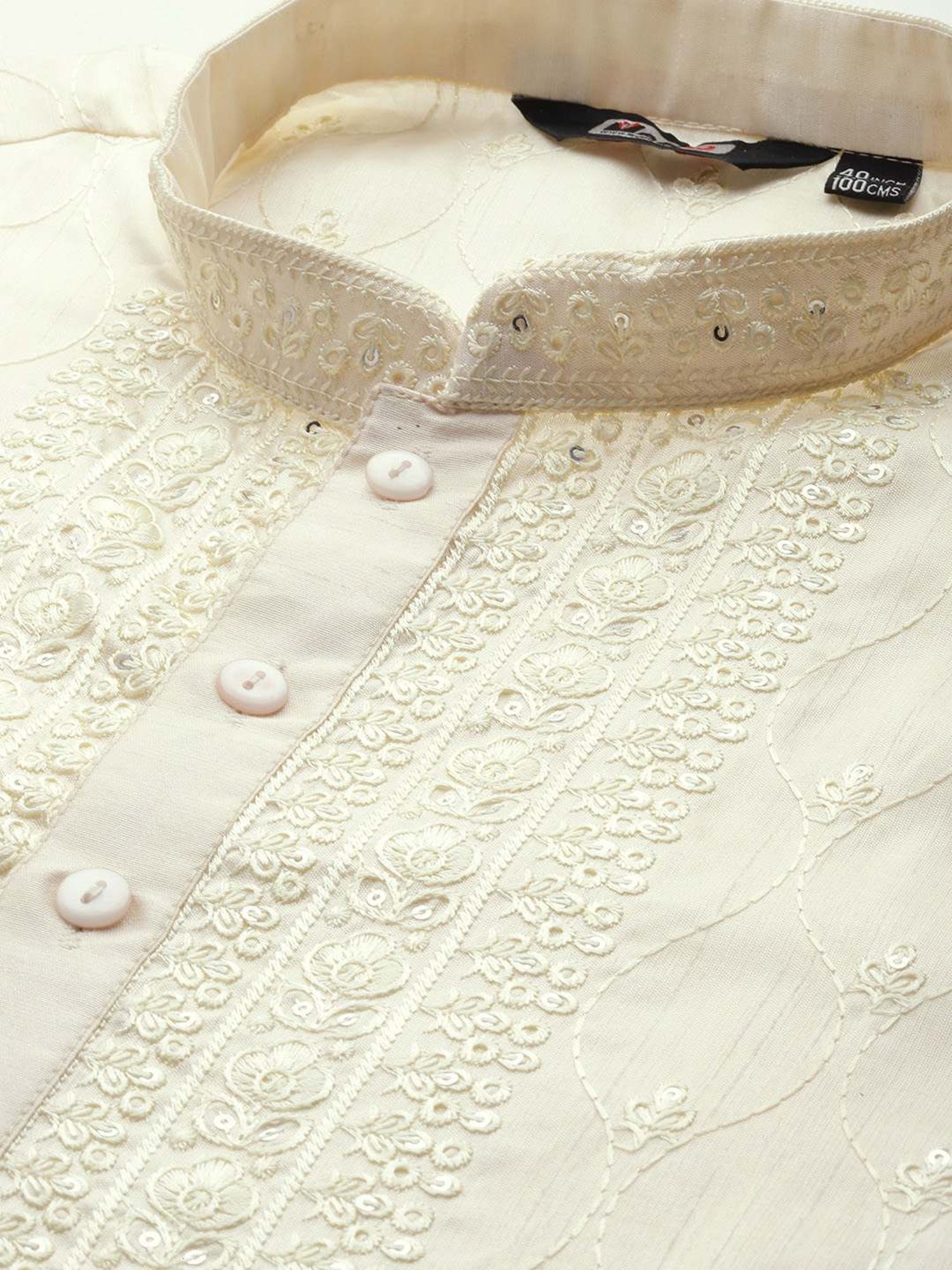 ManQ Cream Regular Fit Embroidered Kurta