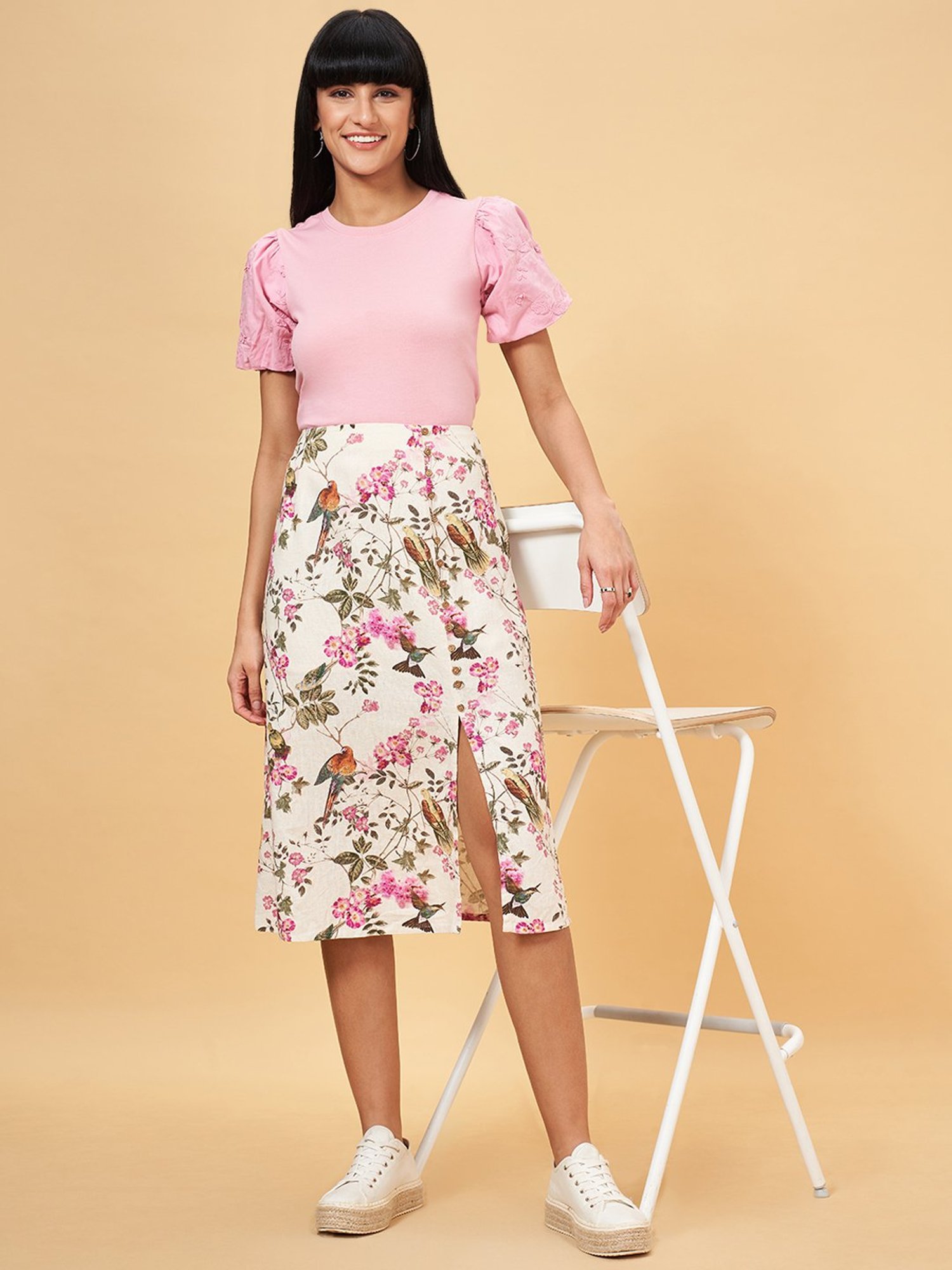 Honey by Pantaloons White Cotton Printed A-Line Skirt