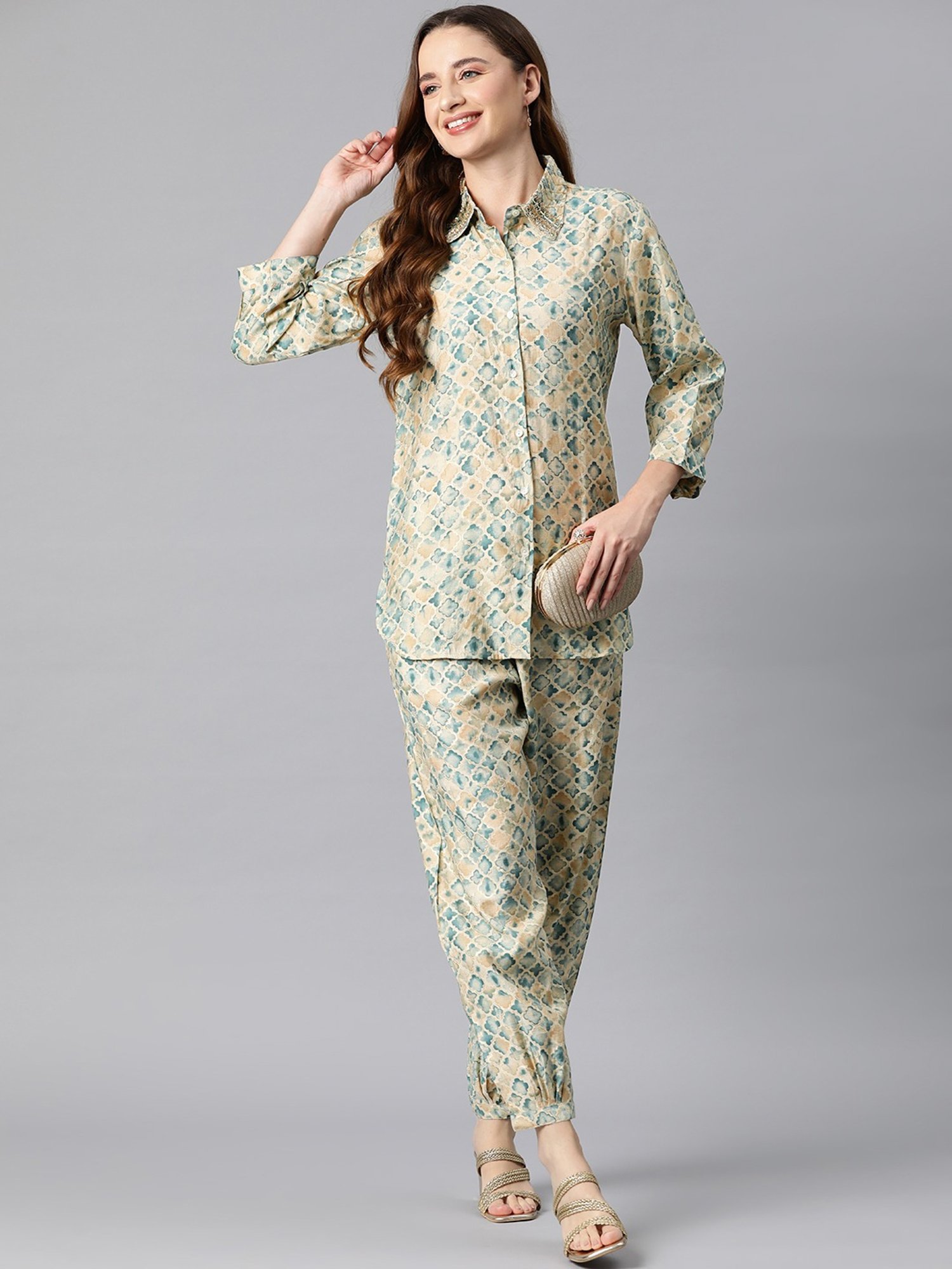 READIPRINT FASHIONS Beige & Blue Printed Shirt Salwaar Set
