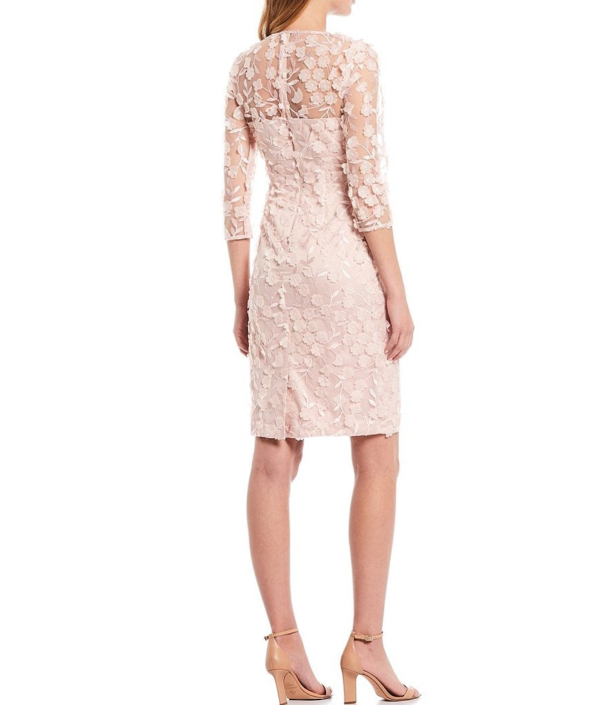 Eliza J 3D V-Neck 3/4 Sheer Sleeve Floral Mesh Sheath Dress