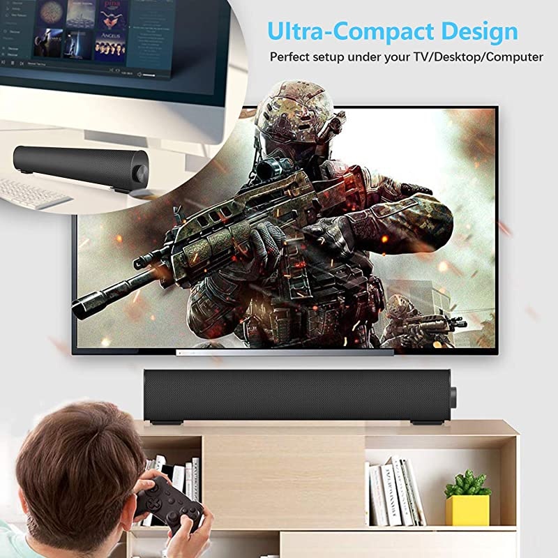 Soundbar for TV/PC, Outdoor/Indoor Wired & Wireless Bluetooth 5.0 Stereo Speaker with The Newest Remote Control, 2X5W Mini Home Theater Sound bar with Built-in Subwoofers for Phones (Updated)