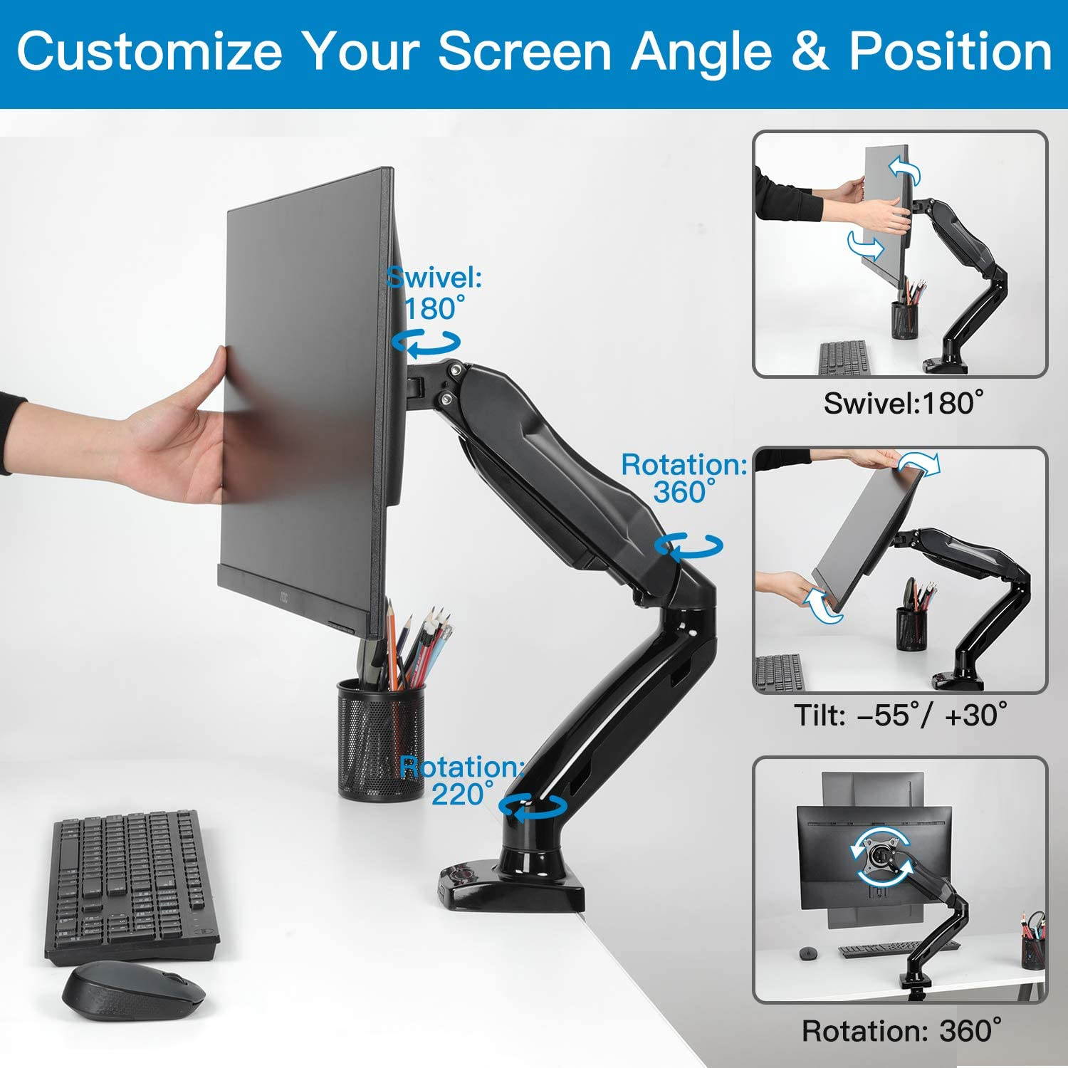 Single Monitor Mount - Articulating Gas Spring Monitor Arm, Adjustable VESA Mount Desk Stand with Clamp and Grommet Base - Fits 17 to 27 Inch LCD Computer Monitors 4.4 to 14.3lbs