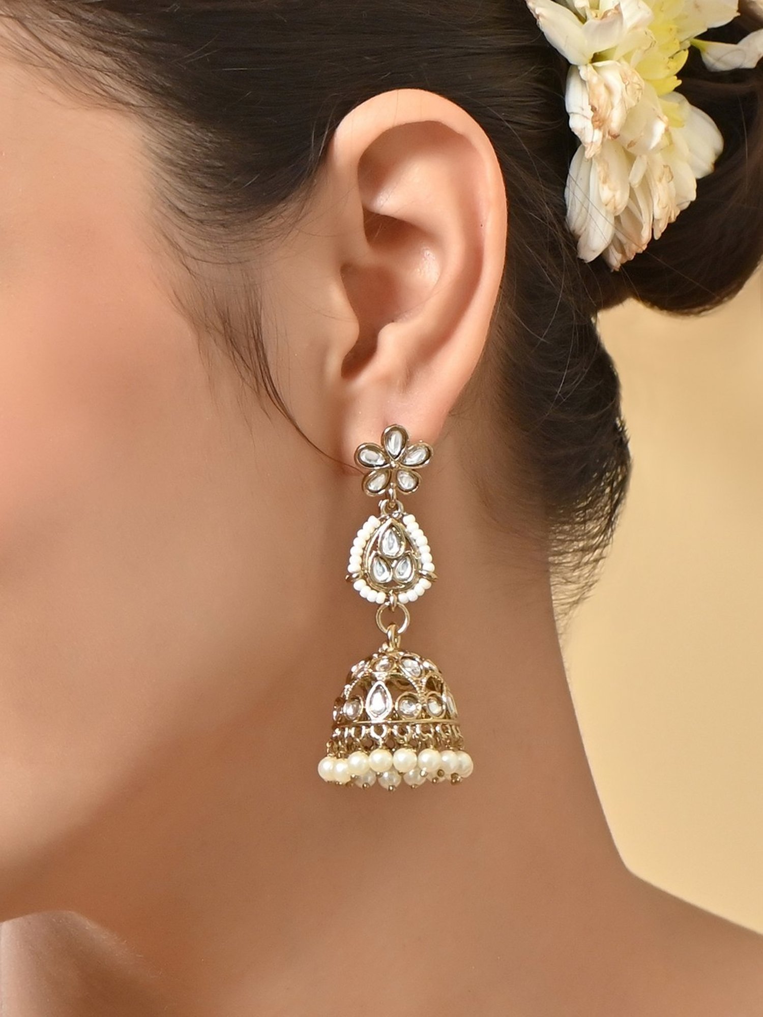 Fida Gold Plated White Pearls Jhumki Earrings for Women
