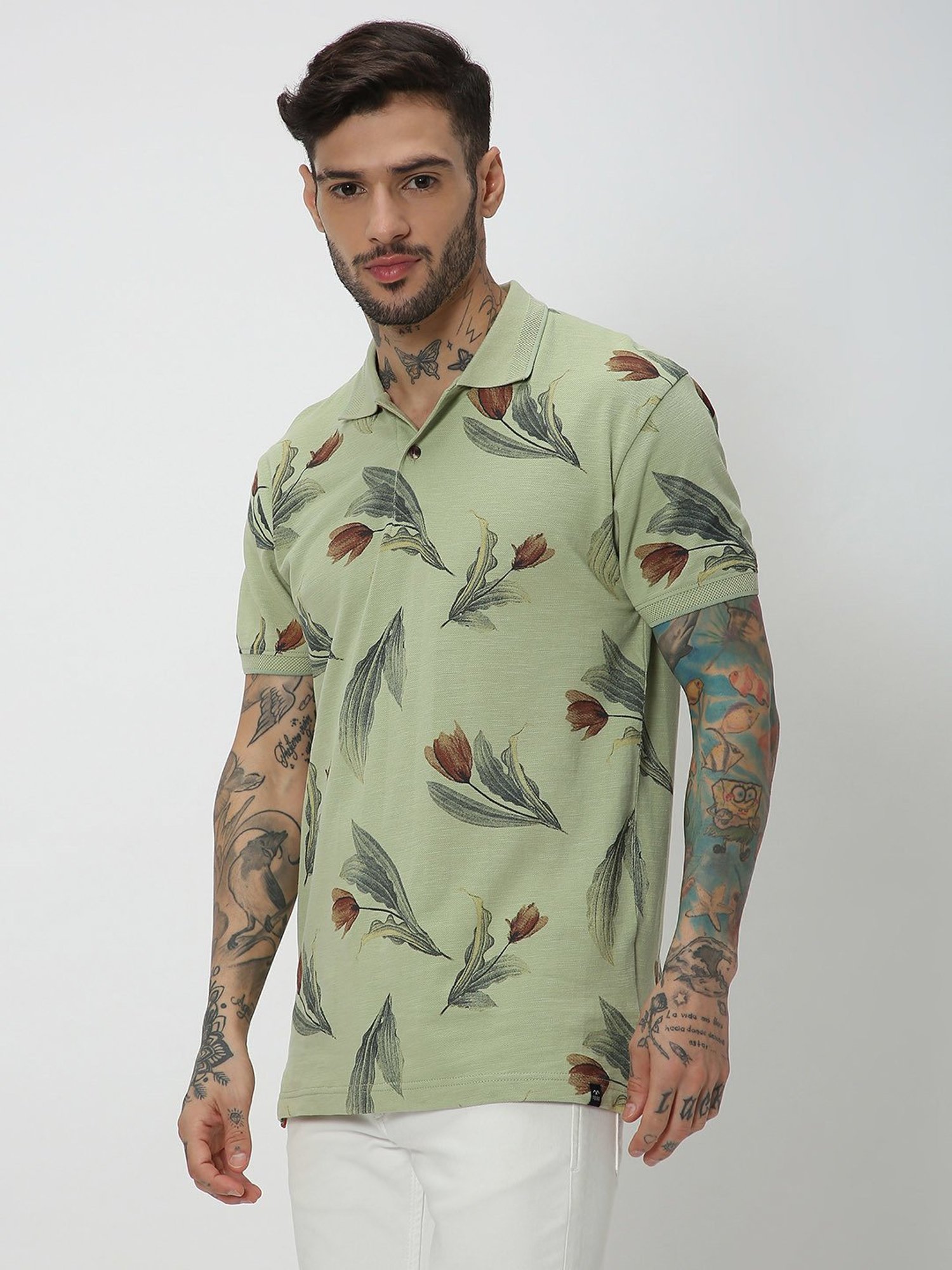 Mufti Light Olive Slim Fit Floral Print Cotton Polo T-Shirt