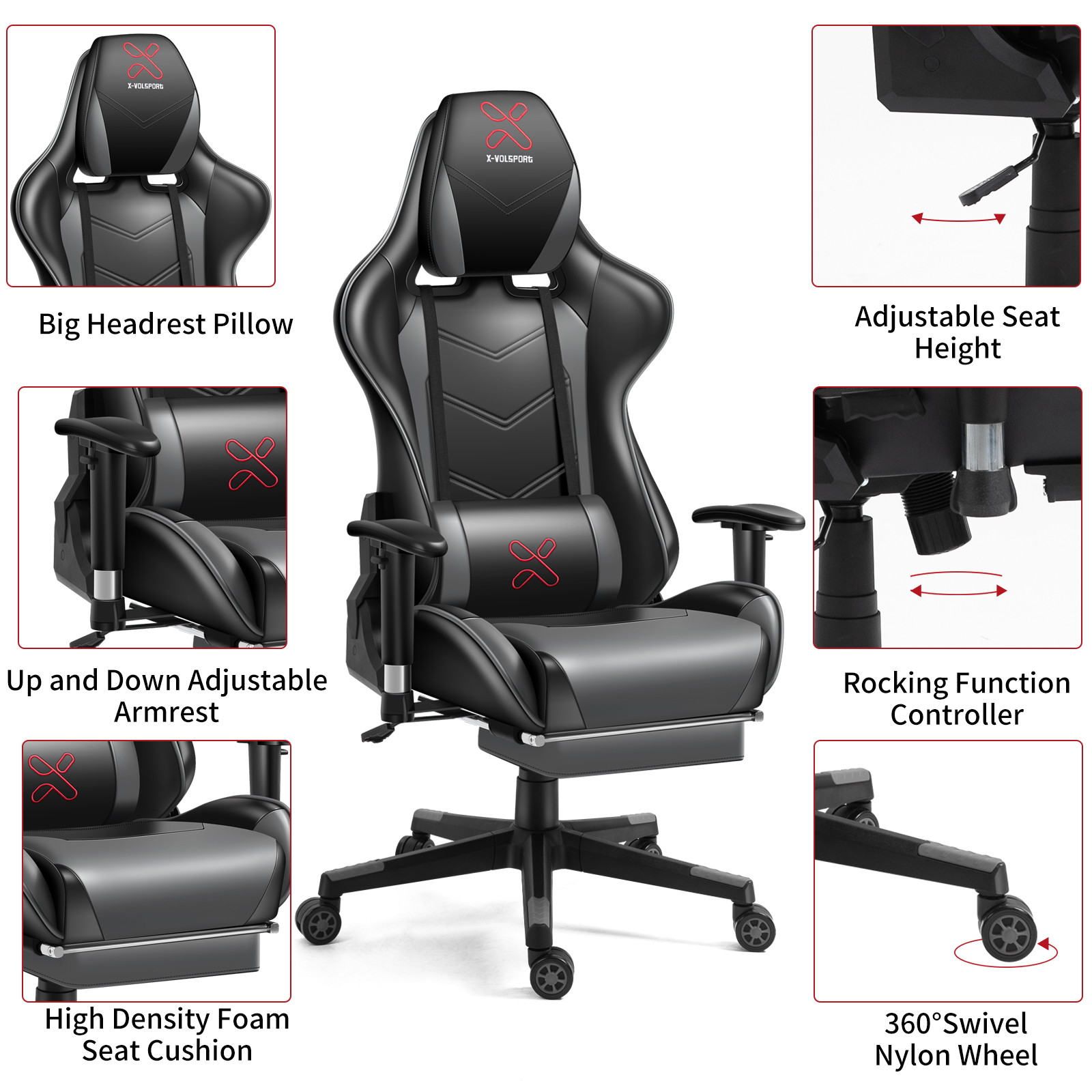 X-VOLSPORT Gaming Chair Office High Back Chair with Footrest, Racing Style PU Leather Ergonomic Computer Video Game Chair with Headrest and Lumbar Massage
