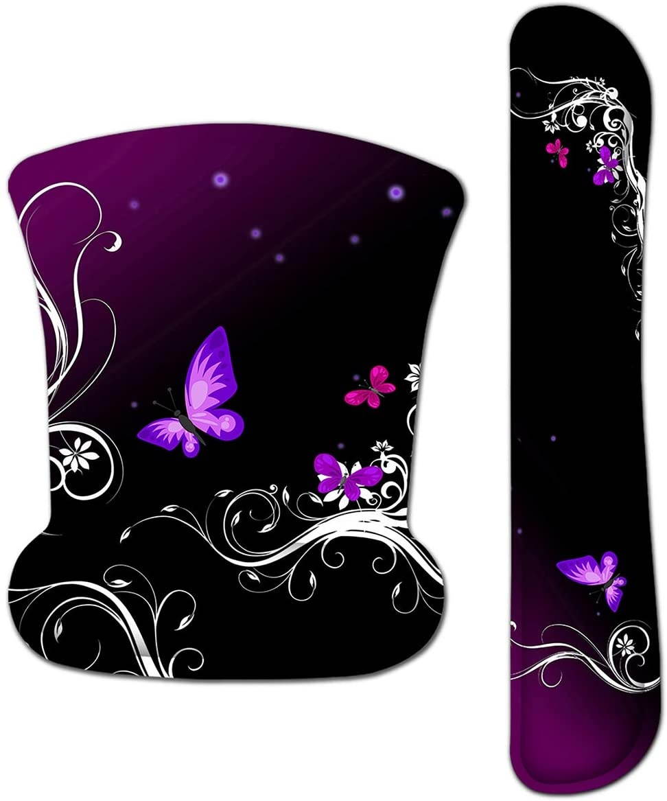 Keyboard Wrist Rest Pad Ergonomic Mouse Pad Set ToLuLu Mouse Pad for Computer Laptop Non Slip Mousepad Keyboard Wrist Support with Raised Memory Foam for Easy Typing Pain Relief Purple Butterfly