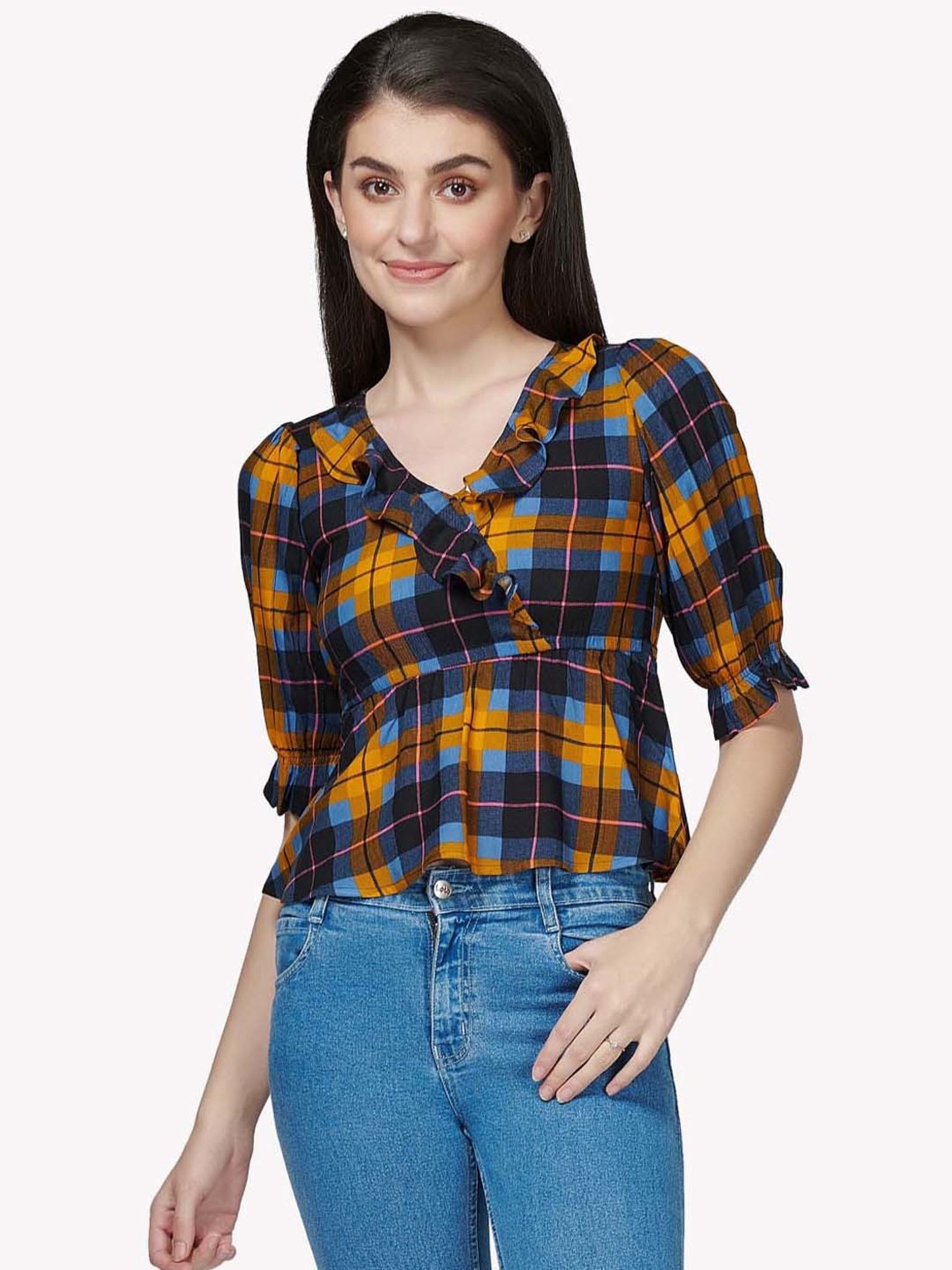 VASTRADO Yellow & Blue Chequered Top