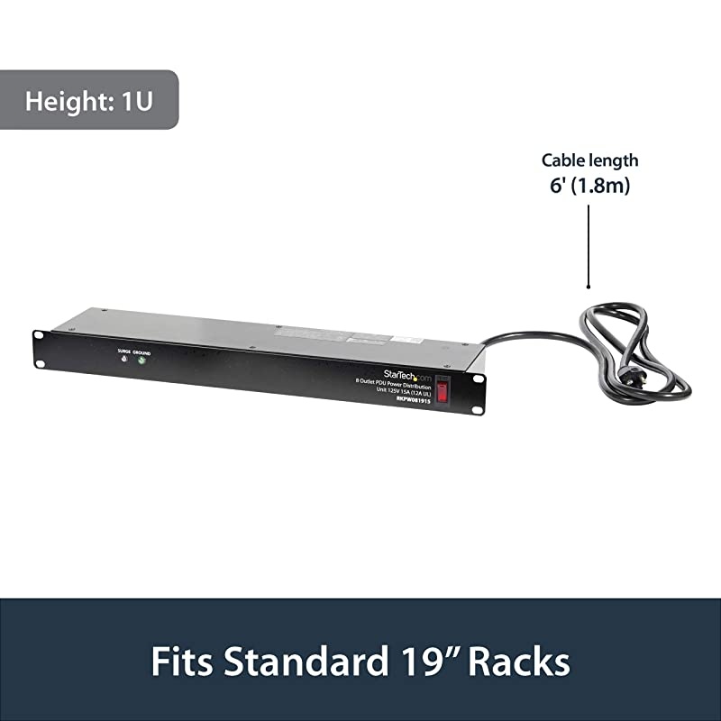 com 8 Outlet Horizontal 1U Rack Mount PDU Power Strip for Network Server Racks Surge Protection 120V15A with 6 Ft Power Cord RKPW081915 Black