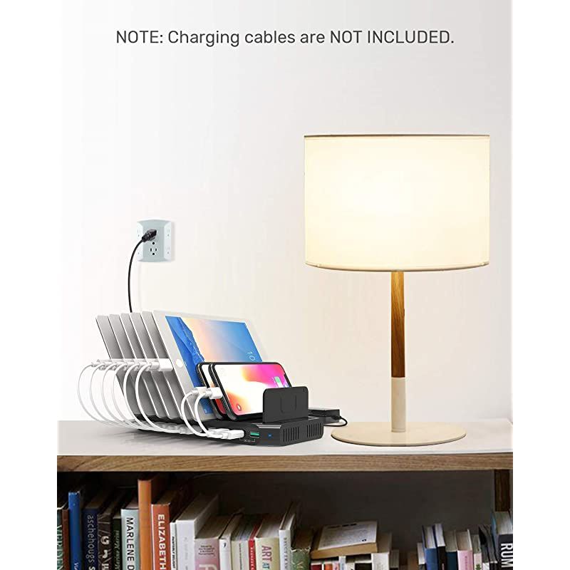 USB Charging Station for Multiple Devices, Charger Organizer Stand Dock with Dividers, Quick Charge 3.0 Compatible for Smartphone, Tablet, iPad and Other Electronics