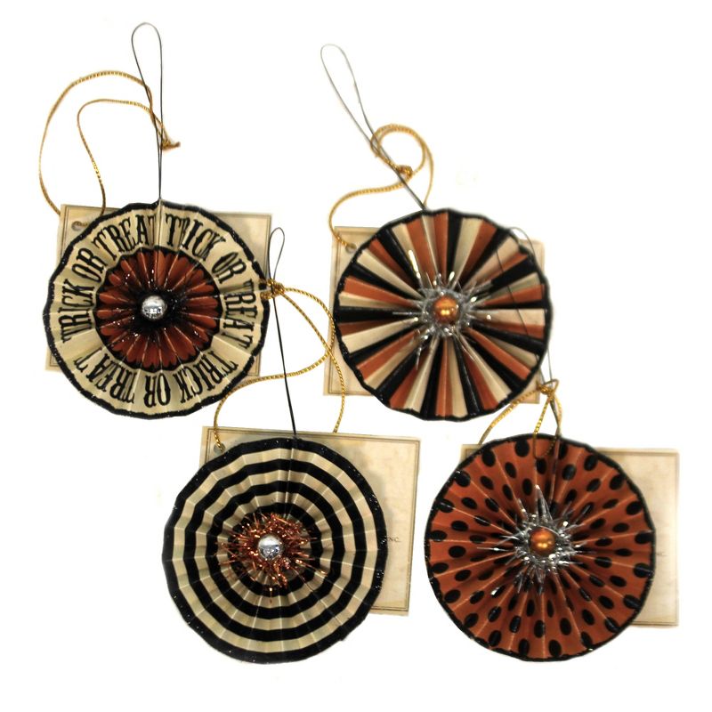 Halloween 2.5" Trick Or Treat Rosette Set / 4 Ornament Feather Tree Halloween  -  Tree Ornaments