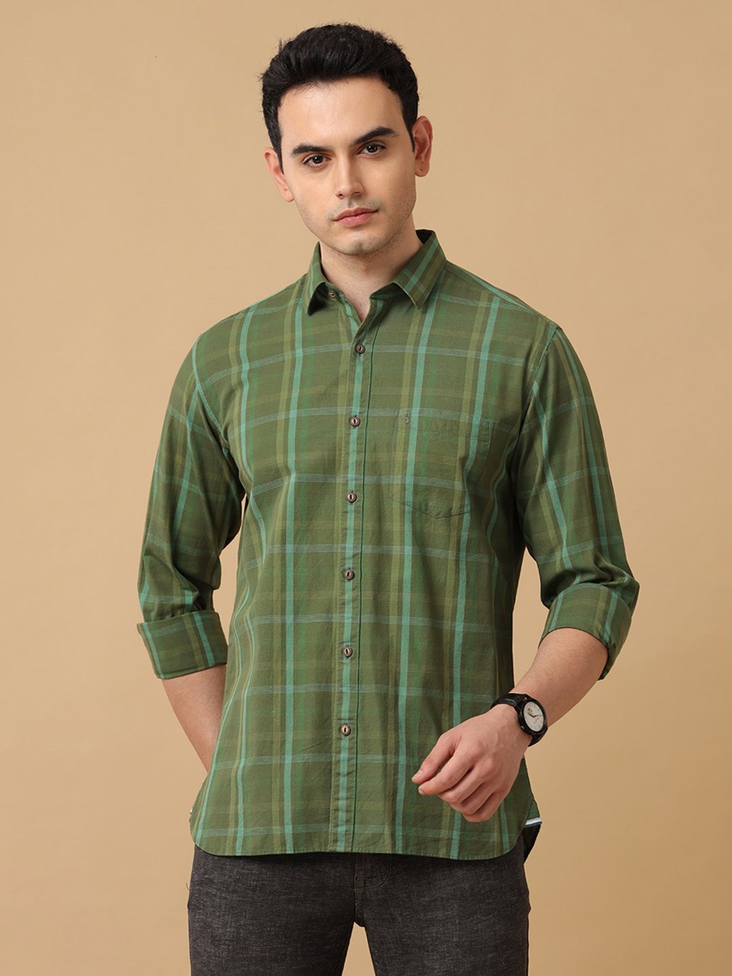 CAVALLO by Linen Club Green Contemporary Fit Check Shirt