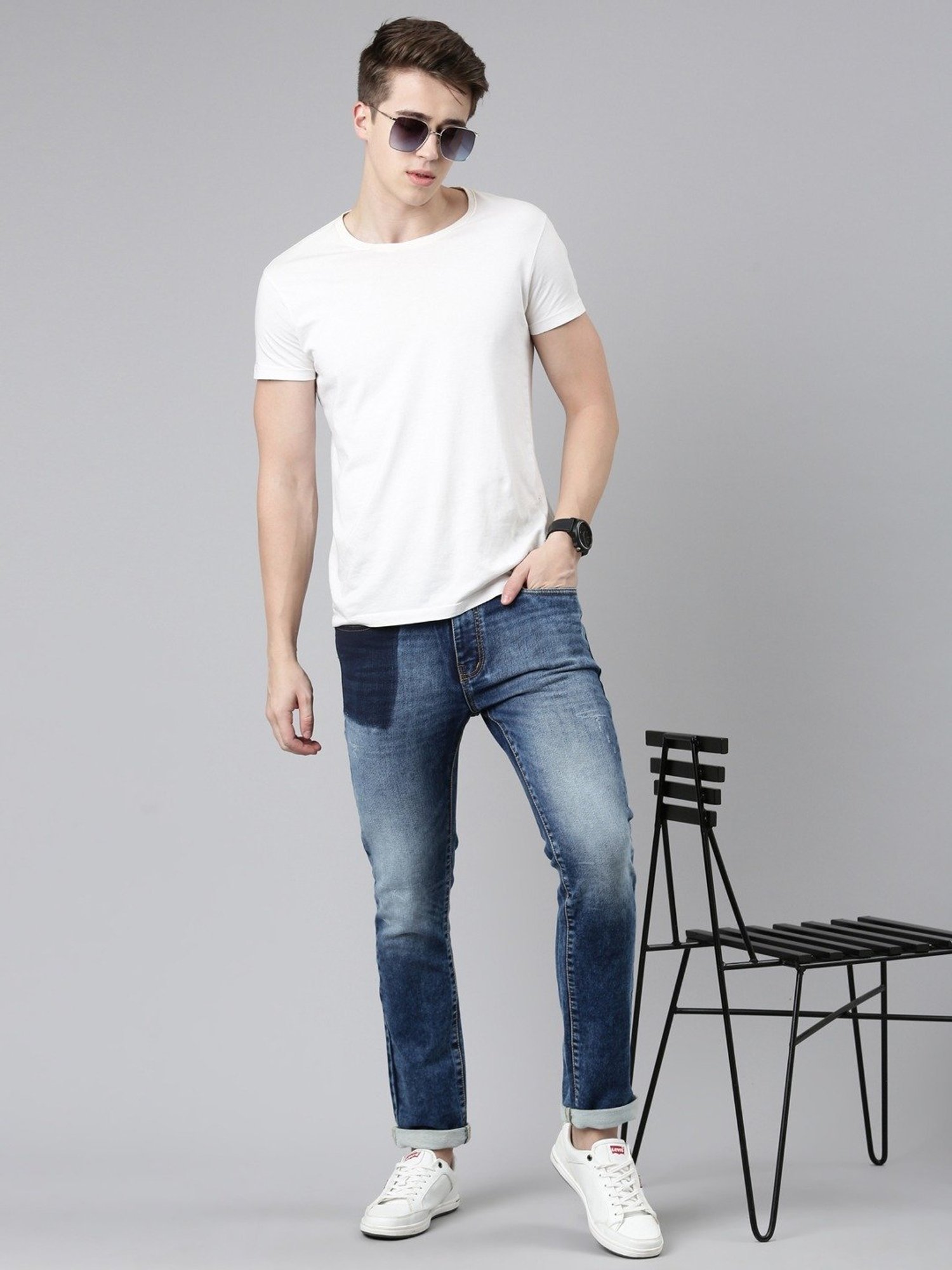 CINOCCI Blue Cotton Slim Fit Jeans