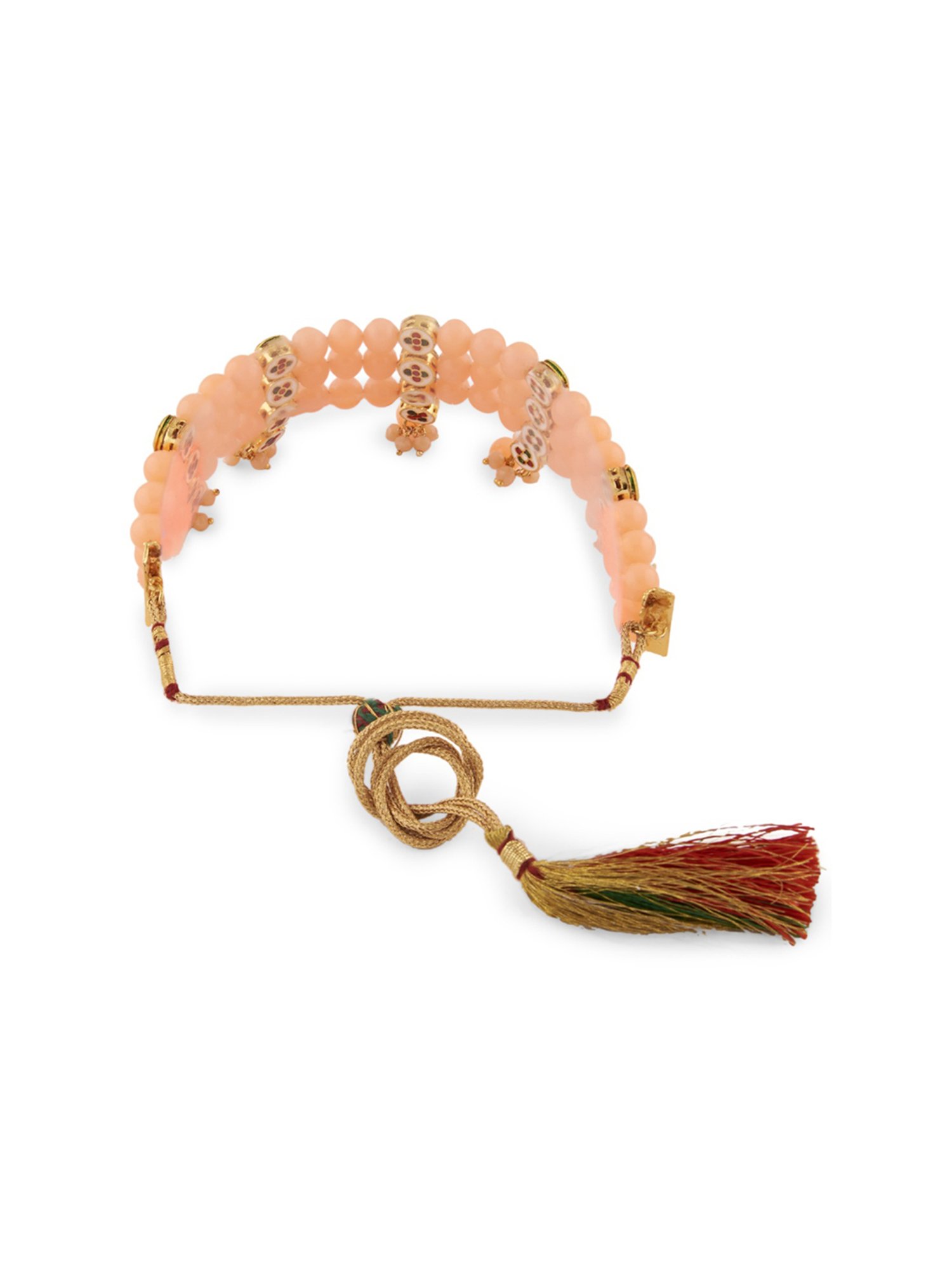 Zaveri Pearls Peach Multistrand Beaded Kundan Necklace & Earring Set