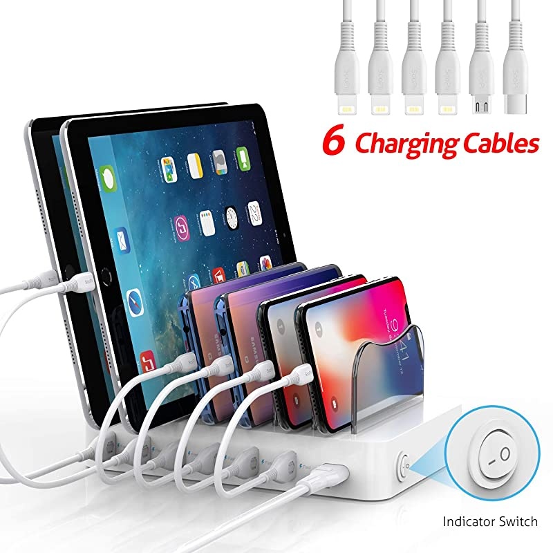 Premium 6-Port USB Charging Station Organizer for Multiple Devices, 6 Short Charging Cables Included, for Phones, Tablets, and Other Electronics, White