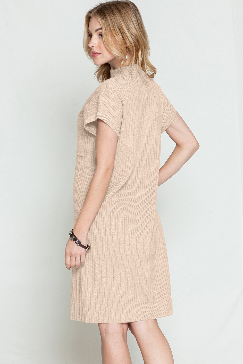 Oatmeal Patch Pocket Ribbed Knit Short Sleeve Sweater Dress
