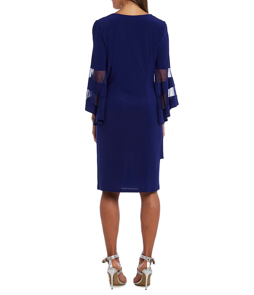R & M Richards Petite Size Mesh Trim 3/4 Bell Sleeve V-Neck Jersey Faux Wrap Dress