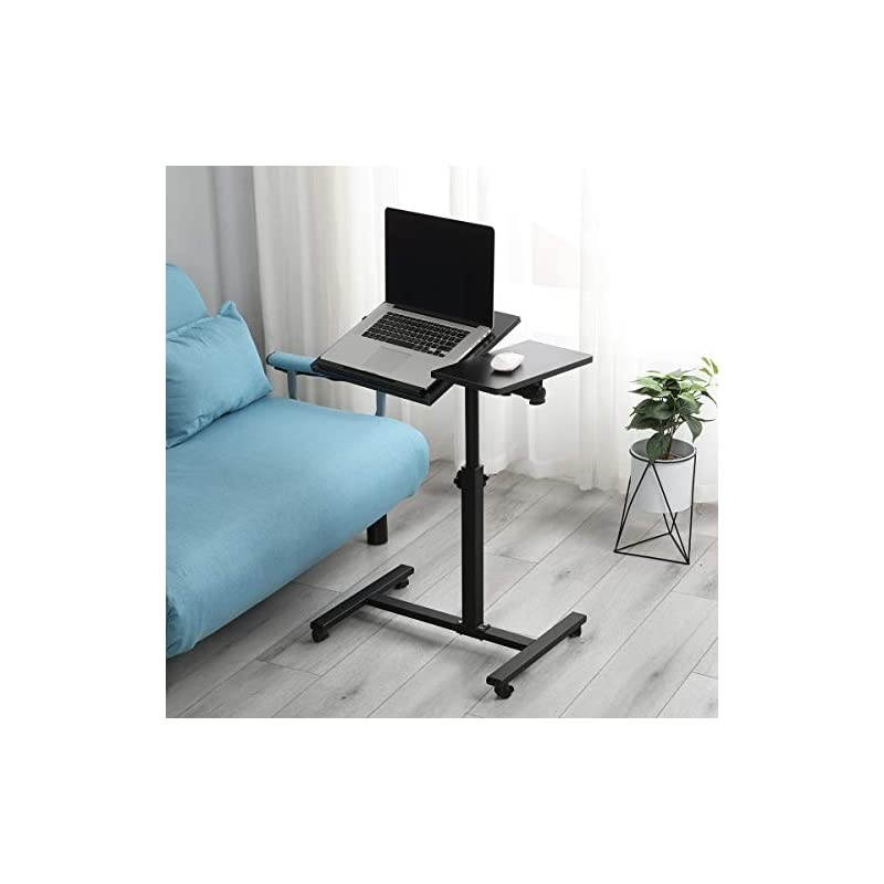 Overbed Bedside Desk Mobile Rolling Laptop Stand Tilting Overbed Table with Wheels Height Adjustable Tray Table for Laptop Bed Sofa Side Table Black
