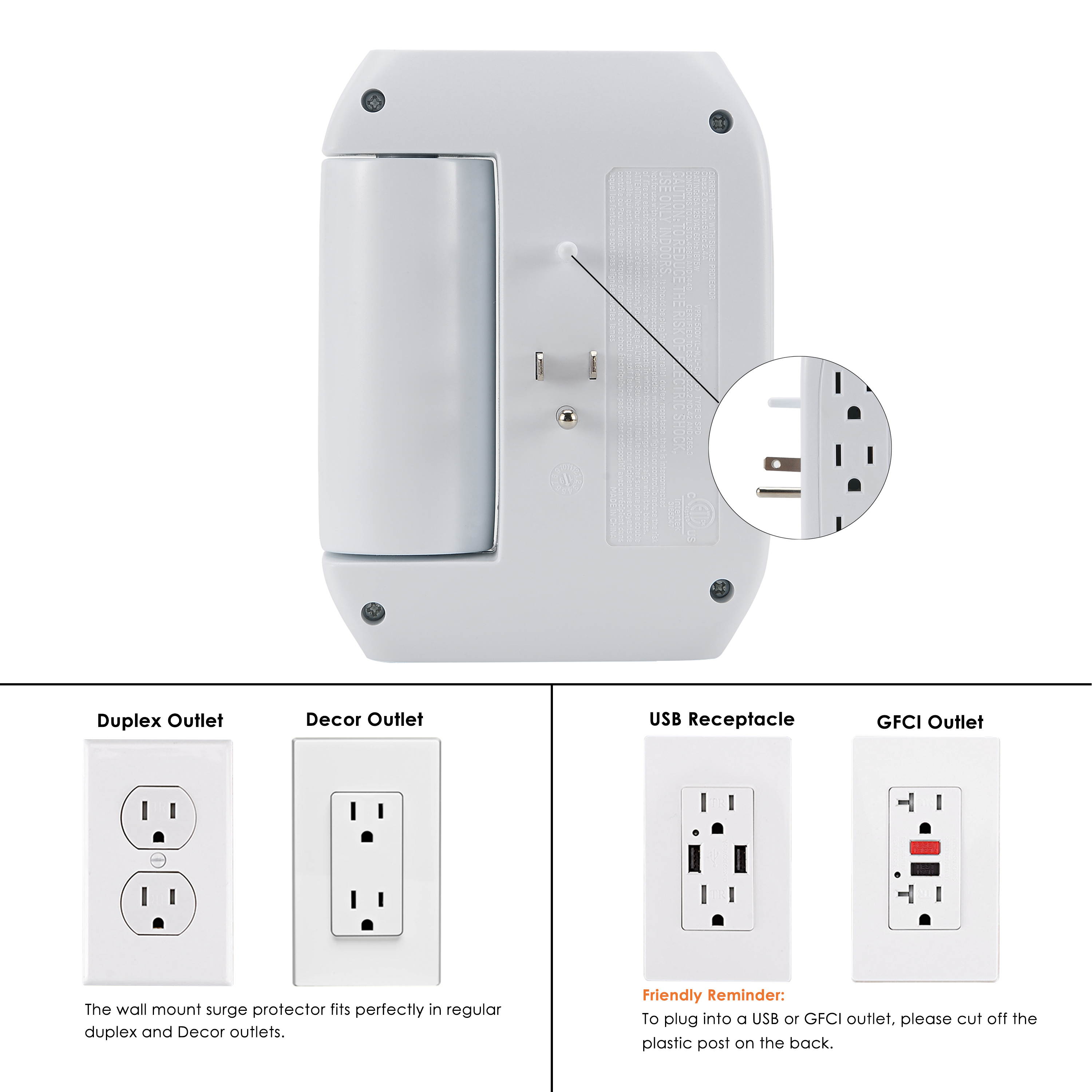 BESTTEN 6 Outlet (3 Swivel) Side Wall Tap Adapter, Surge Protector with 2 USB Charging Ports (2.4A total), 1350 Joule Surge Suppressor, ETL Certified, White